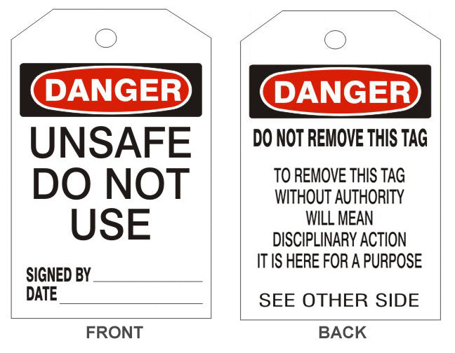 DANGER UNSAFE DO NOT USE TAGS - BACK 2 - DANGER UNSAFE DO NOT USE TAGS - BACK 2, 6.125X3, Rigid Vinyl