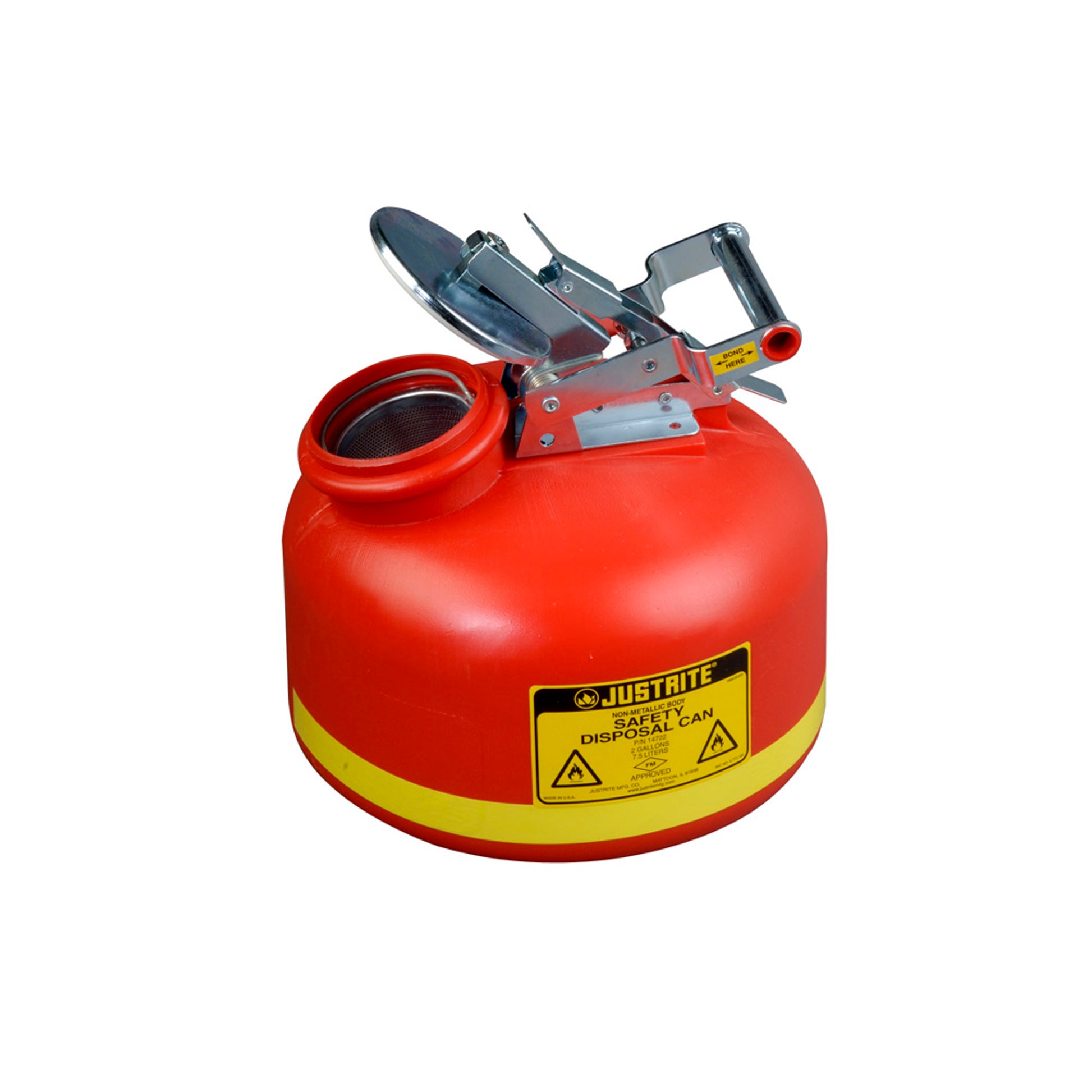 Justrite Safety Can For Liquid Disposal - S/S Hardware - 2 Gallon - Flame Arrester - Polyethylene - Red - 14762