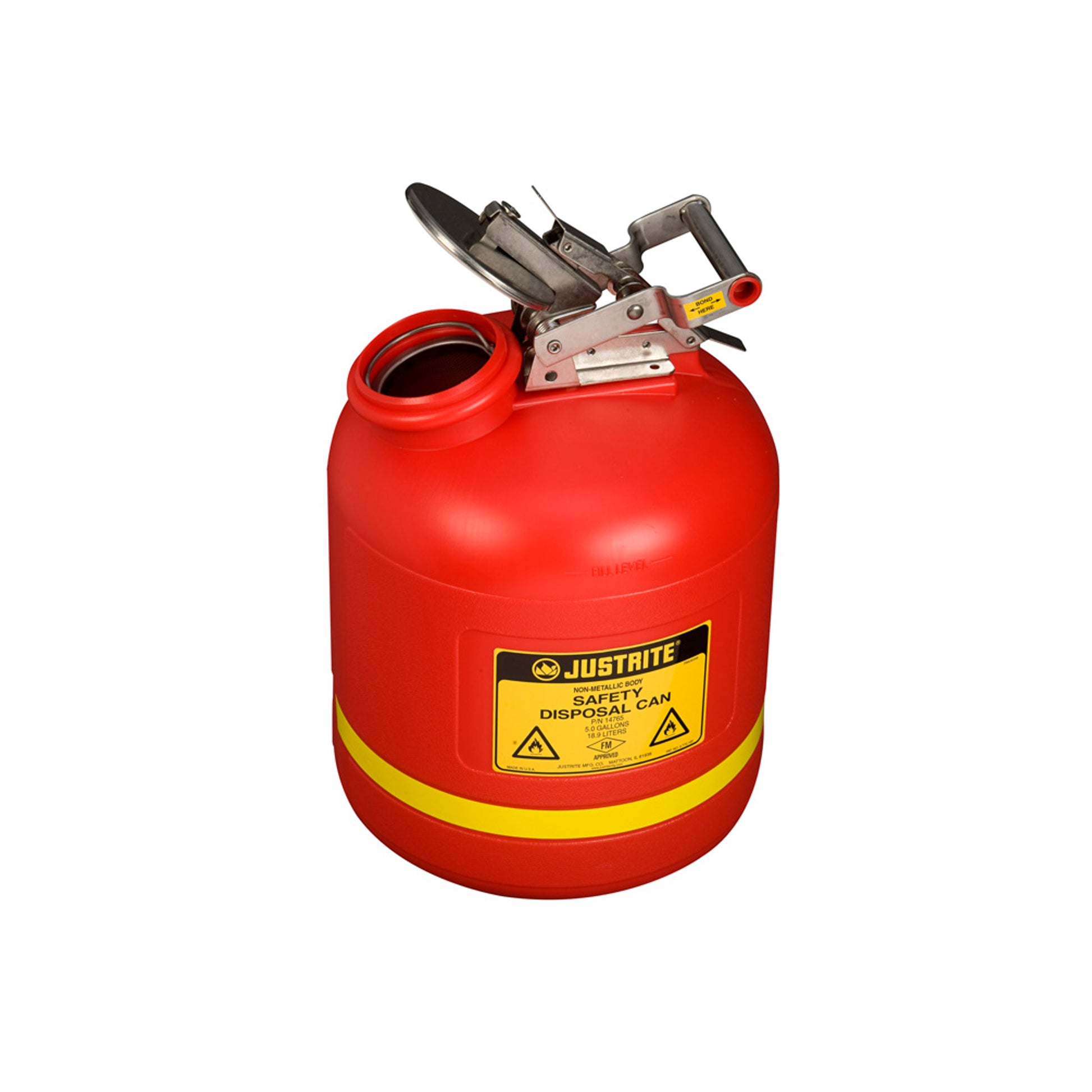 Justrite Safety Can For Liquid Disposal - S/S Hardware - 5 Gallon - Flame Arrester - Polyethylene - Red - 14765