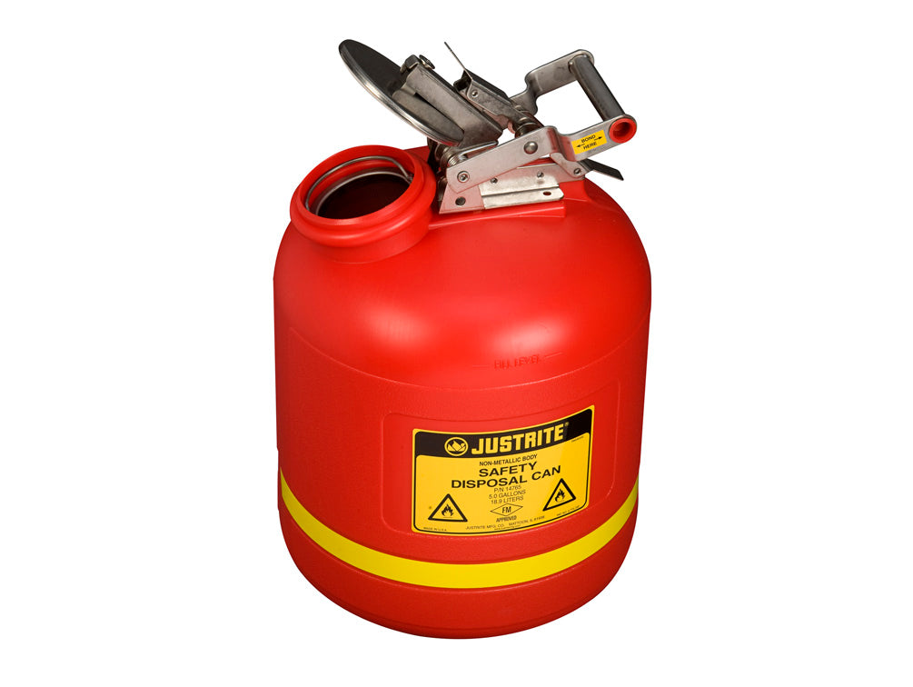 Justrite Safety Can For Liquid Disposal - S/S Hardware - 5 Gallon - Flame Arrester - Polyethylene - Red - 14765
