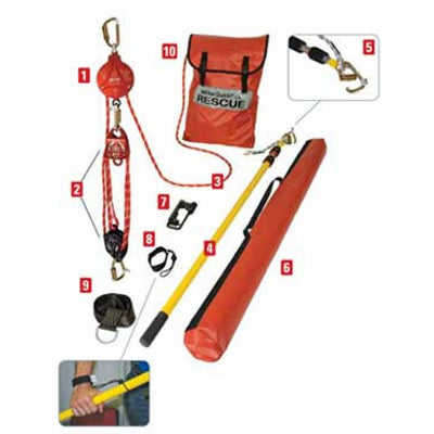 1.  Back-up braking system (only included with the premium kit)
2. Color-coded, high-strength aluminum pulleys for easy orientation
3. 7/16-in. (11 mm) semi-static kernmantle rope
4. Rescue Remote Connection Pole
5. [4-ft. (1.2 m) collapsed, 12-ft (3.6 m) fully extended]
6. Carabiner clip/Pigtail
7. Handled pole carrying case
8. Rope Control Handle
9. Miller WristBandit™ Tool Lanyard
10. Cross-Arm Anchorage Connector
11. Convenient backpack