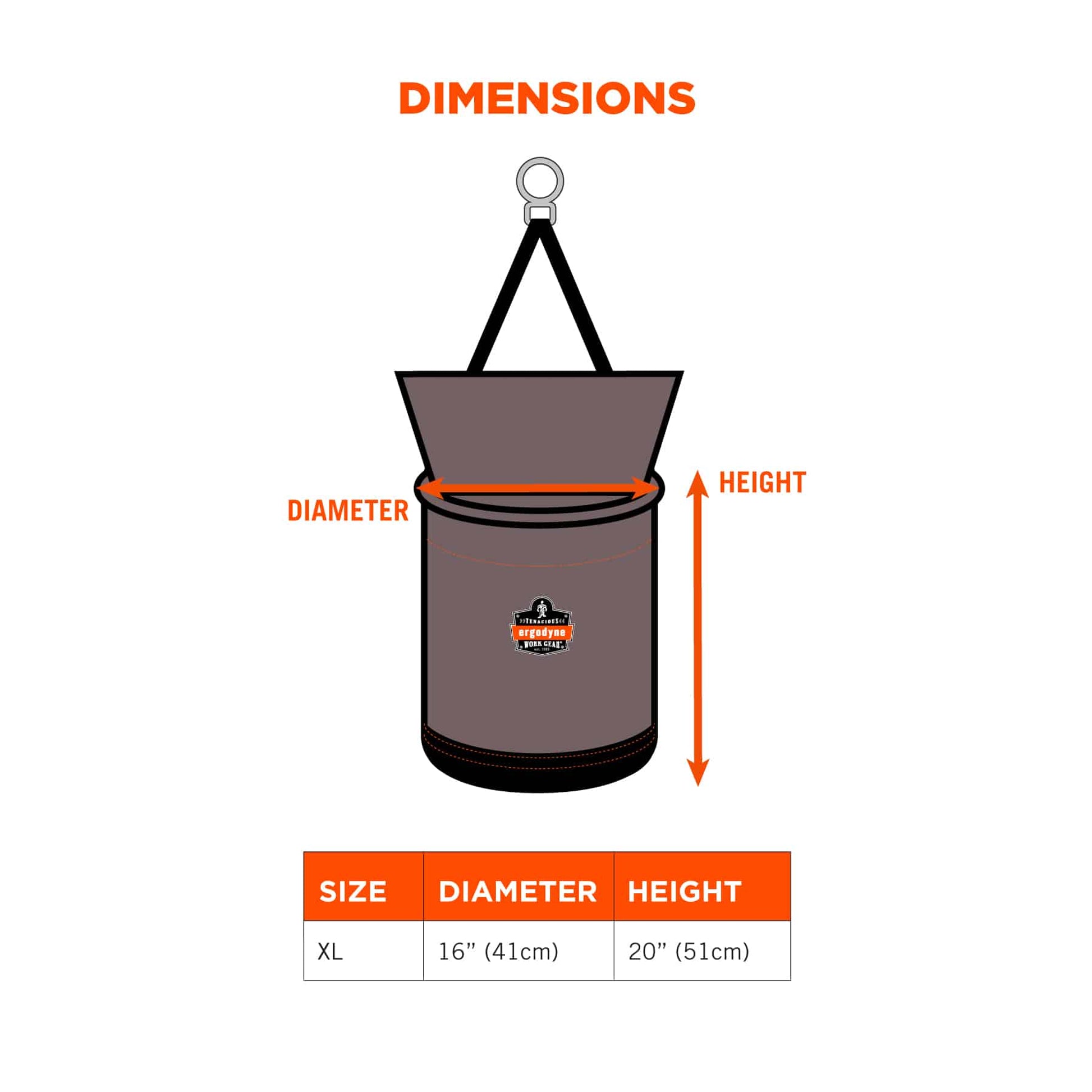 Ergodyne Arsenal 5976 XL Nylon Hoist Bucket Tool Bag - Swiveling Carabiner, Zipper Top