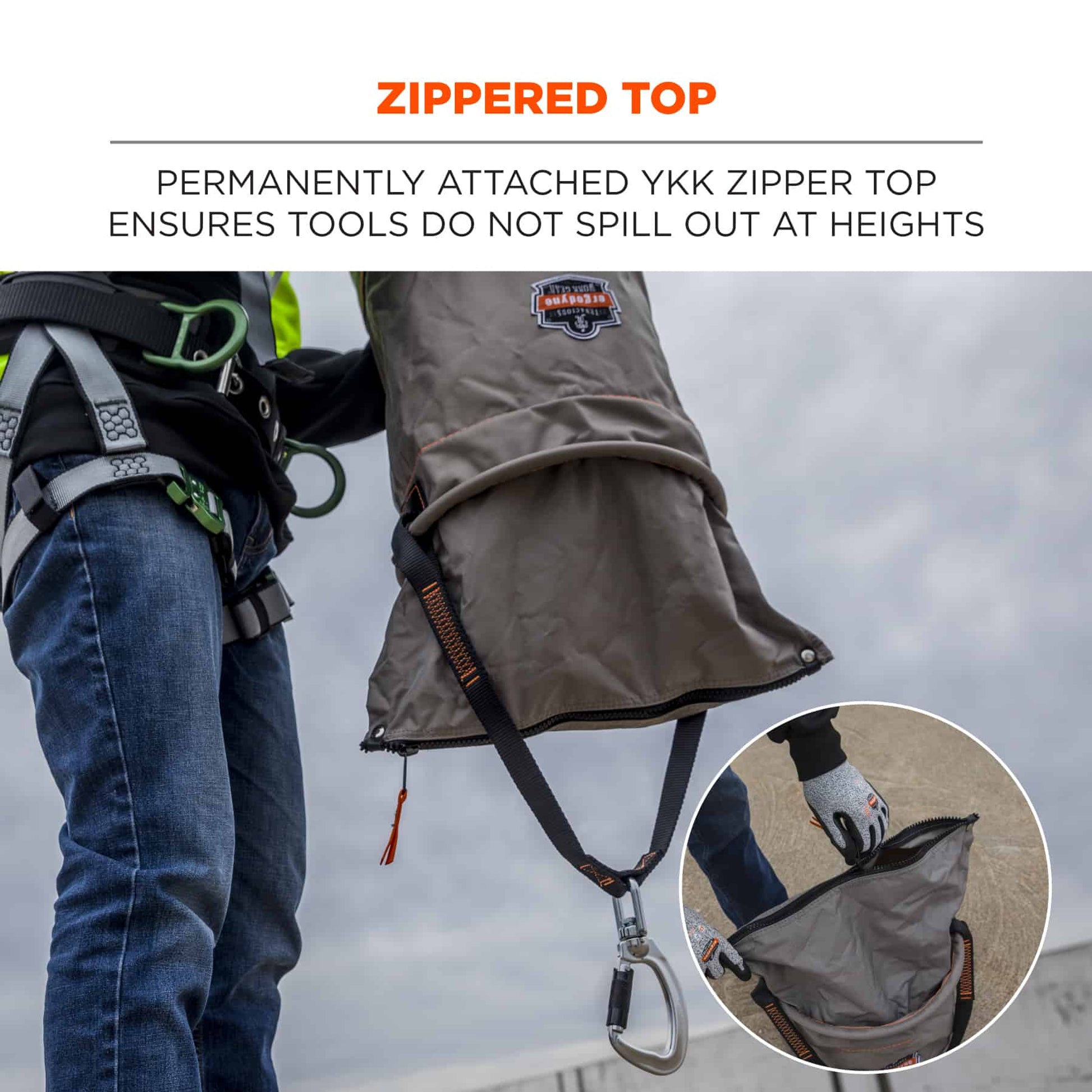 Ergodyne Arsenal 5976 XL Nylon Hoist Bucket Tool Bag - Swiveling Carabiner, Zipper Top
