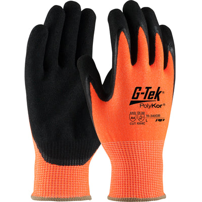 G-Tek PolyKor Hi-Vis Seamless Knit Blended Glove w/Double-Dipped Nitrile Coated MicroSurface Grip on Palm & Fingers - Orange - 1/DZ - 16-340OR