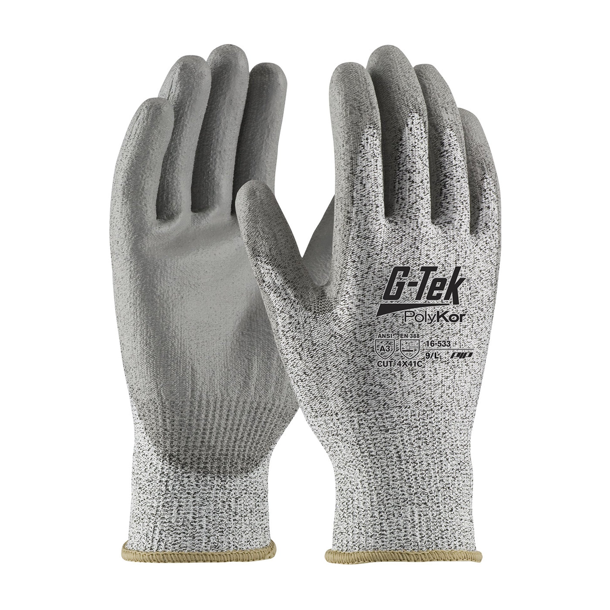 G-Tek PolyKor Industry Grade Seamless Knit Blended Glove w/Polyurethane Coated Flat Grip on Palm & Fingers - Bulk Pack - Salt Pepper - 1/DZ - 16-533