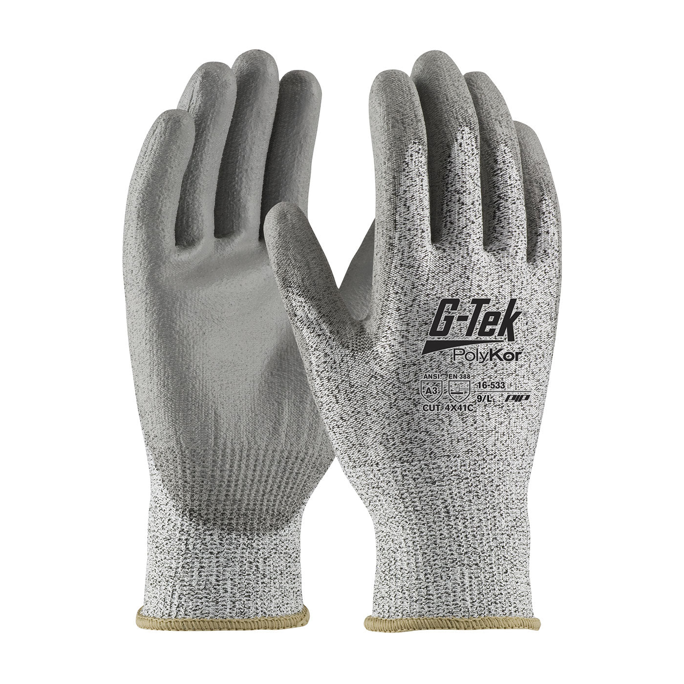 G-Tek PolyKor Industry Grade Seamless Knit Blended Glove w/Polyurethane Coated Flat Grip on Palm & Fingers - Bulk Pack - Salt Pepper - 1/DZ - 16-533