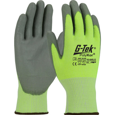 G-Tek PolyKor Seamless Knit Blended Glove w/Polyurethane Coated Flat Grip on Palm & Fingers - Hi-Vis Yellow - 1/DZ - 16-645LG