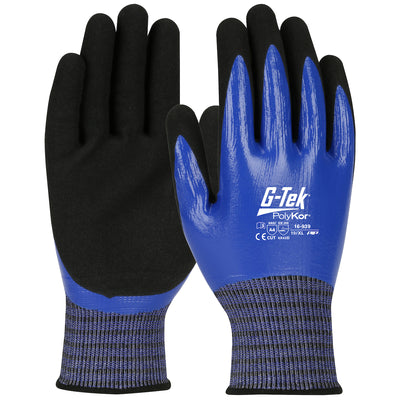G-Tek PolyKor X7 Seamless Knit Blended Glove w/Double-Dipped Nitrile Coated MicroSurface Grip on Full H& - Touchscreen Compatible - Blue - 6/DZ - 16-939