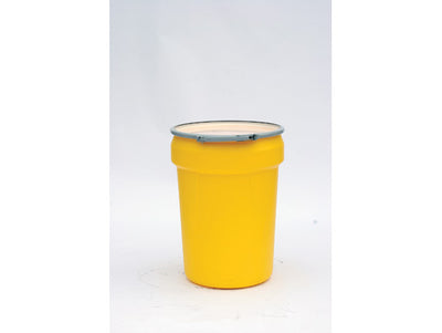 Justrite Lab Pack Open Head Poly Drum - 30 Gallon - Metal Lever-Lock - 2x2" Bung Holes - Yellow - 1601MBG2