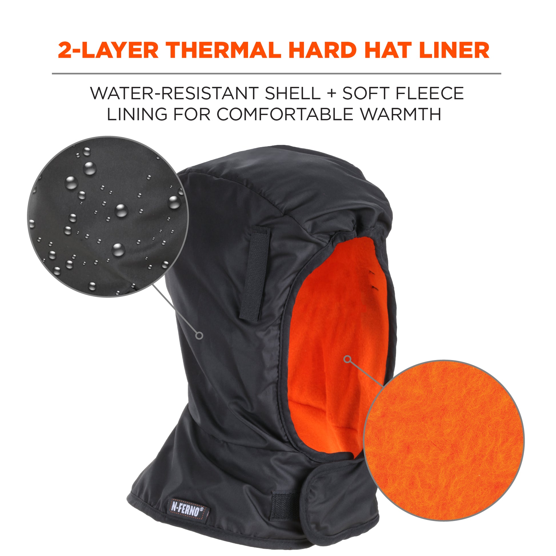 Ergodyne N-Ferno 6842 Winter Hard Hat Liner - 2-Layer, Fleece-Lined, Polyester Shell, Shoulder Length - Black