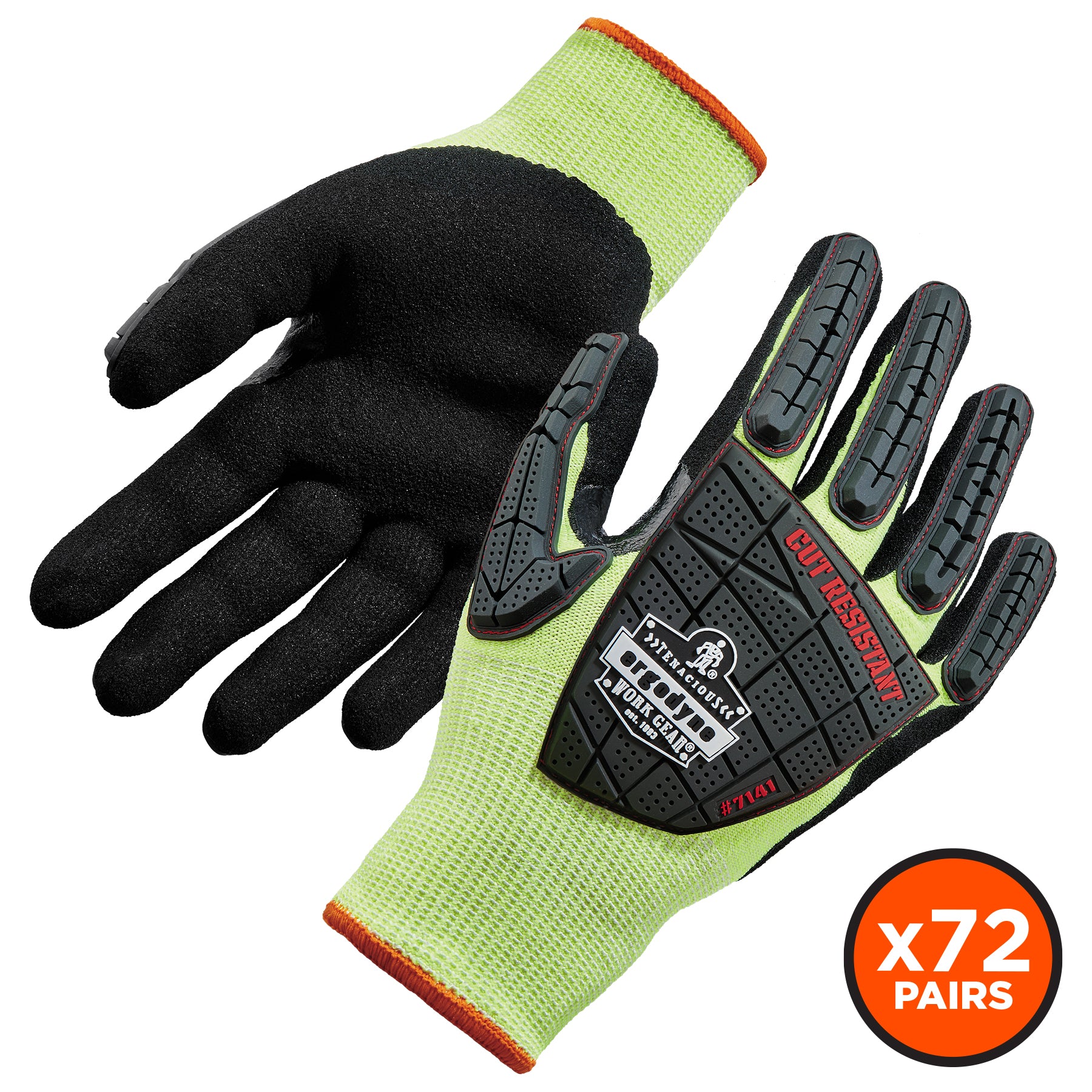 Ergodyne ProFlex 7141 Hi-Vis Nitrile Coated Cut-Resistant Gloves - ANSI/ISEA 105-2016 A4, EN388: 4X42DP, Wet Grip, Dorsal Protection - Lime - 72-pair