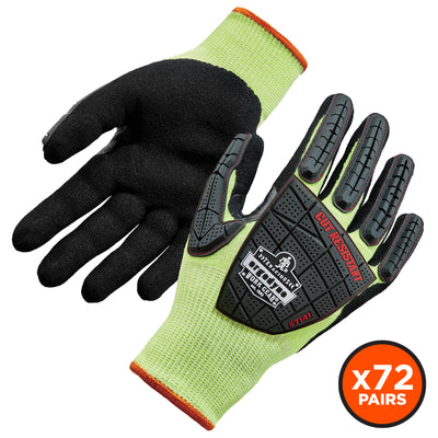 Ergodyne ProFlex 7141 Hi-Vis Nitrile Coated Cut-Resistant Gloves - ANSI/ISEA 105-2016 A4, EN388: 4X42DP, Wet Grip, Dorsal Protection - Lime - 72-pair