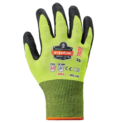 Ergodyne ProFlex 7022 Hi-Vis Nitrile Coated Cut-Resistant Gloves - ANSI A2, EN388: 4342B, 18g, Dry Grip - Lime - 144-pair
