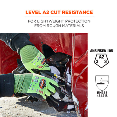 Ergodyne ProFlex 7022 Hi-Vis Nitrile Coated Cut-Resistant Gloves - ANSI A2, EN388: 4342B, 18g, Dry Grip - Lime - 144-pair