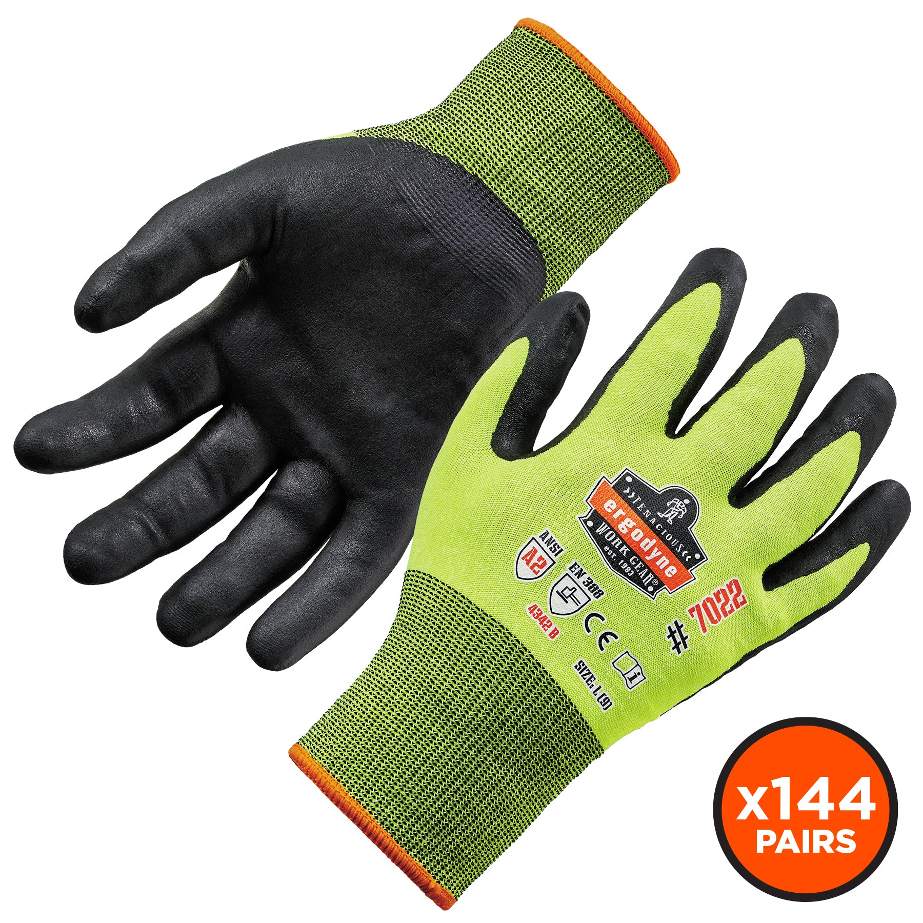 Ergodyne ProFlex 7022 Hi-Vis Nitrile Coated Cut-Resistant Gloves - ANSI A2, EN388: 4342B, 18g, Dry Grip - Lime - 144-pair