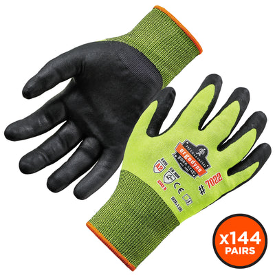 Ergodyne ProFlex 7022 Hi-Vis Nitrile Coated Cut-Resistant Gloves - ANSI A2, EN388: 4342B, 18g, Dry Grip - Lime - 144-pair