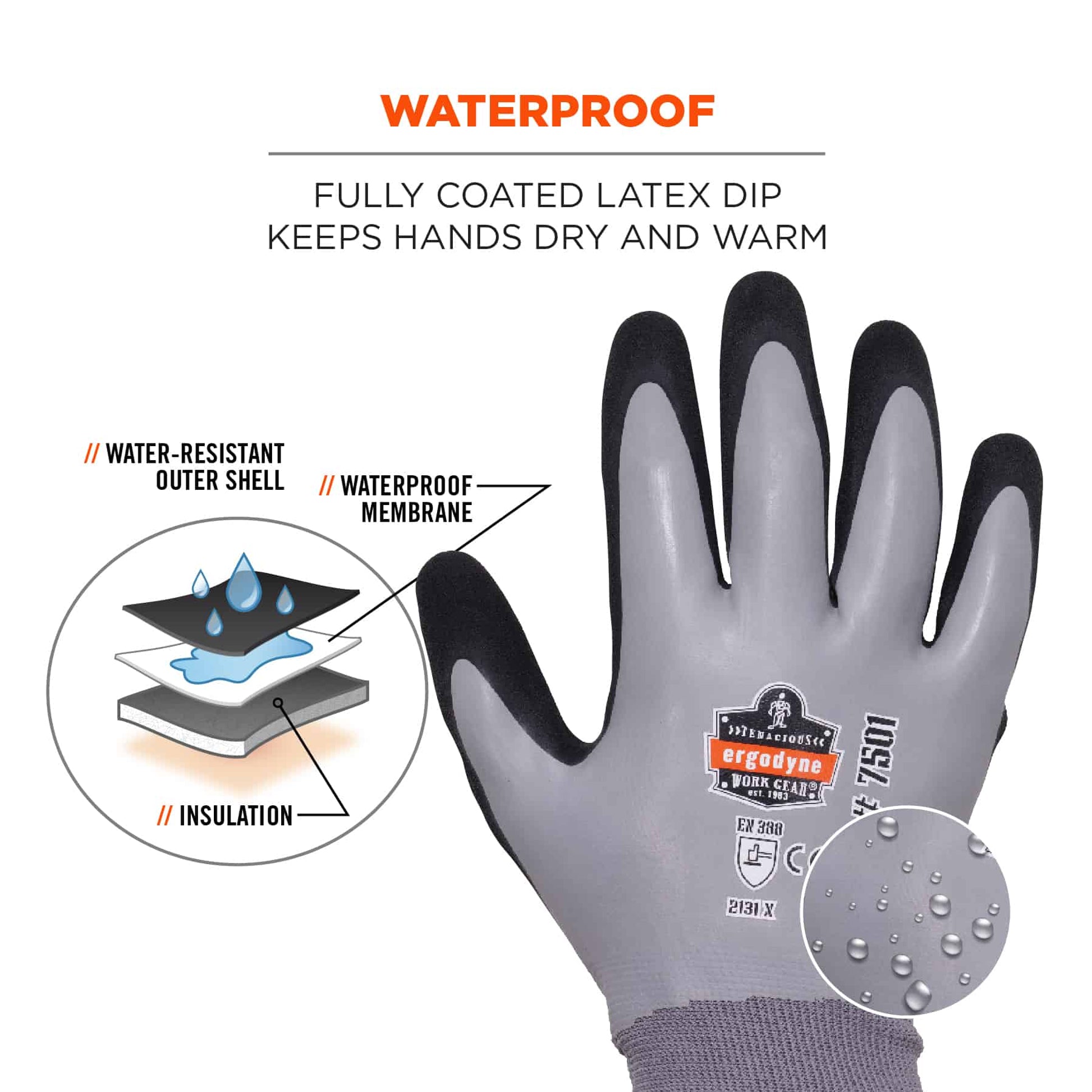Ergodyne ProFlex 7501 Coated Waterproof Winter Work Gloves - Gray - 144-pair