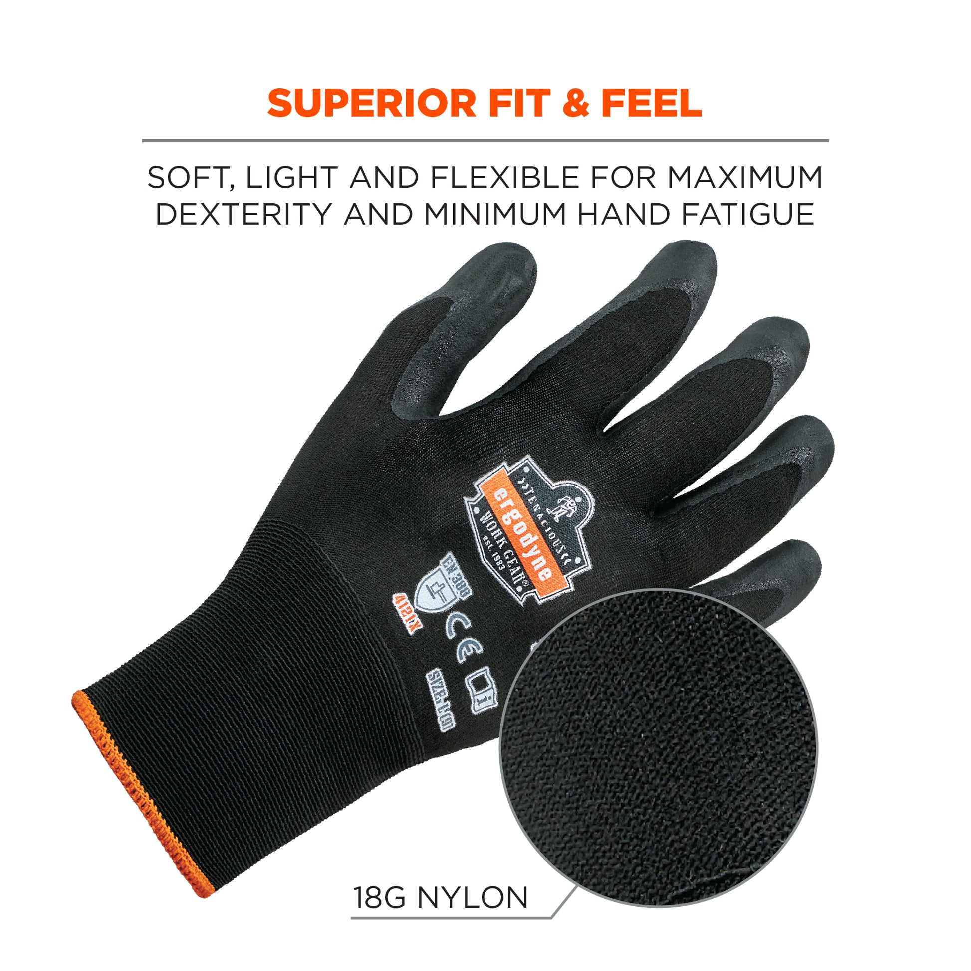Ergodyne ProFlex 7001 Nitrile Coated Gloves - Abrasion Resistant, 18g, Dry Grip - Black - 1-pair