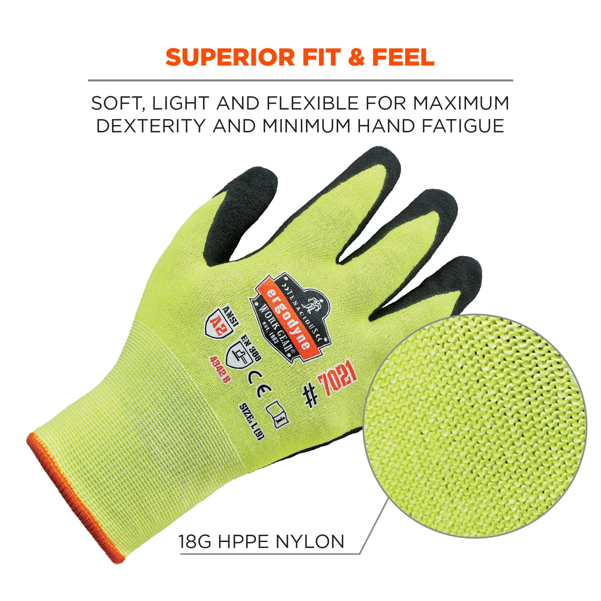 Ergodyne ProFlex 7021 Hi-Vis Nitrile Coated Cut-Resistant Gloves - ANSI A2, EN388: 4342B, 18g, Wet Grip - Lime - 1-pair