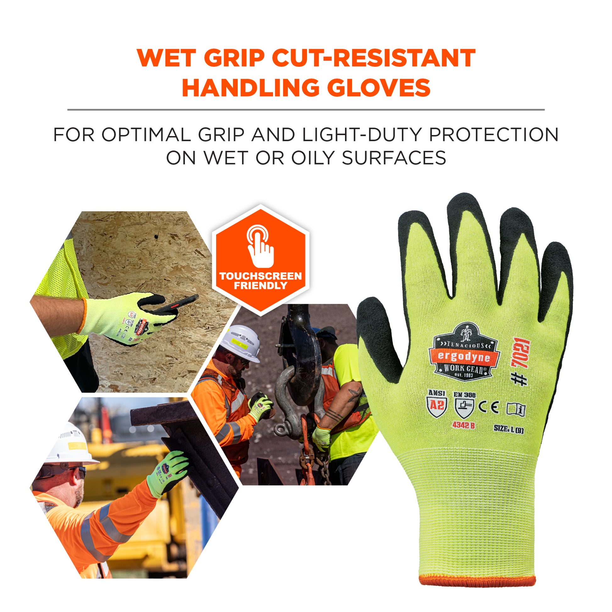 Ergodyne ProFlex 7021 Hi-Vis Nitrile Coated Cut-Resistant Gloves - ANSI A2, EN388: 4342B, 18g, Wet Grip - Lime - 1-pair