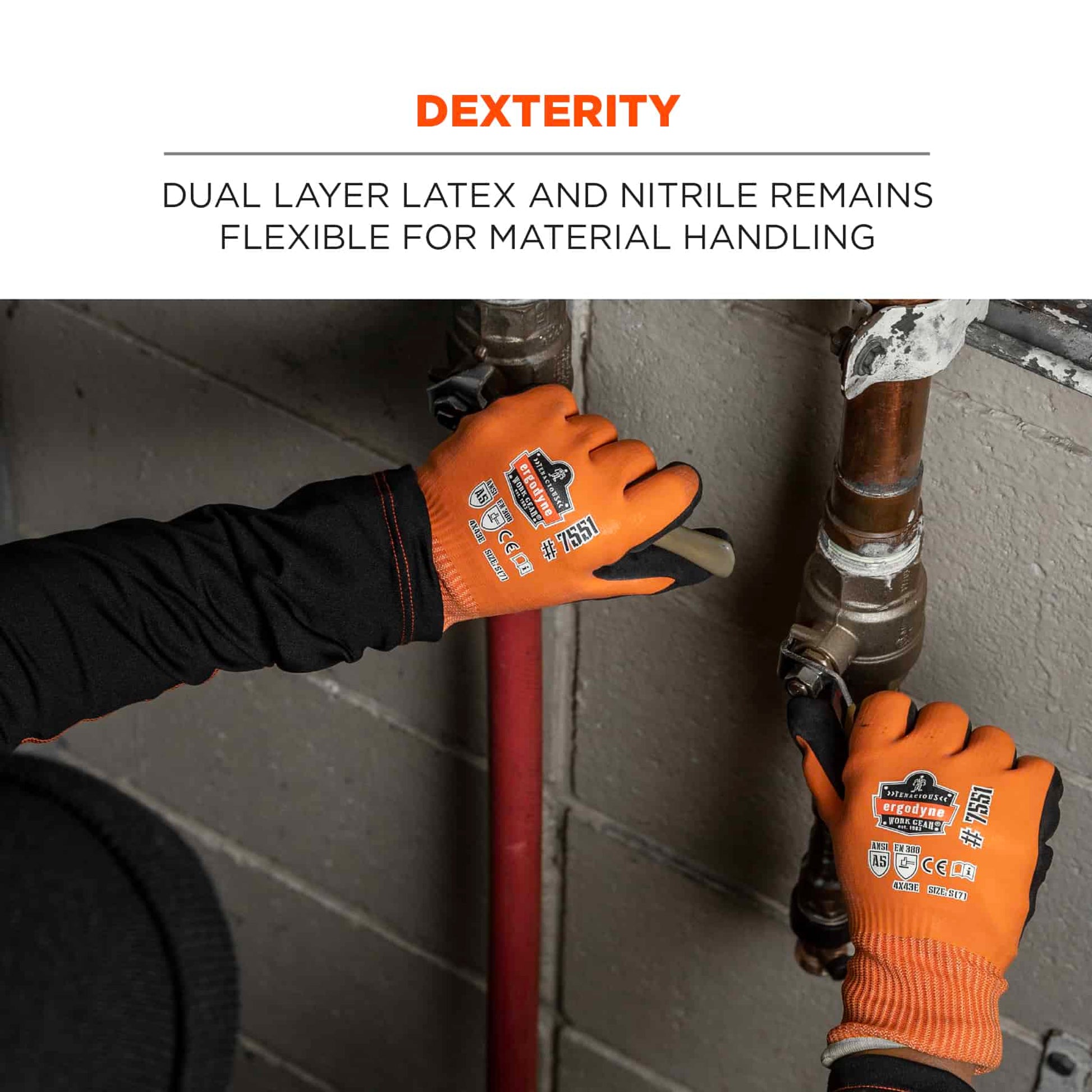 Ergodyne ProFlex 7551 Coated Cut-Resistant Winter Work Gloves - ANSI/ISEA 105-2016 A5, EN 388: 4X43E, Waterproof - Orange - 144-pair
