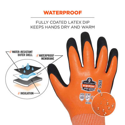 Ergodyne ProFlex 7551 Coated Cut-Resistant Winter Work Gloves - ANSI/ISEA 105-2016 A5, EN 388: 4X43E, Waterproof - Orange - 144-pair