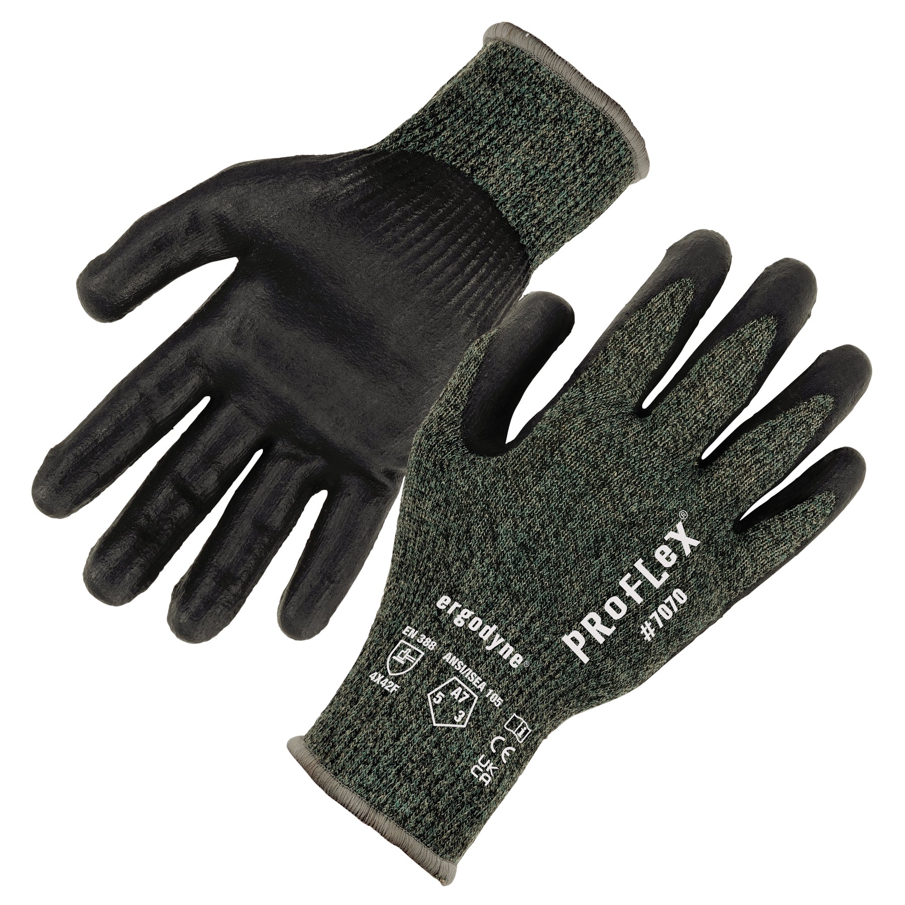 Ergodyne ProFlex 7070 Nitrile Coated Cut-Resistant Gloves - ANSI/ISEA 105-2016 A7, EN388: 4X42F, 13g, Heat Resistant - Green - 1-pair