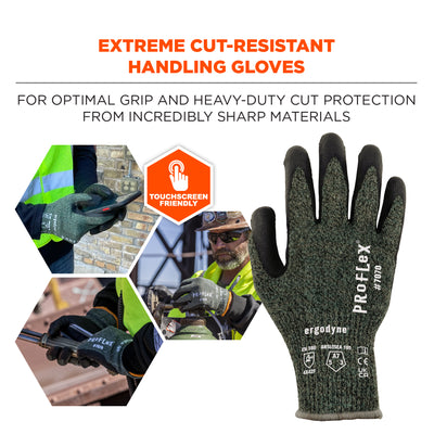 Ergodyne ProFlex 7070 Nitrile Coated Cut-Resistant Gloves - ANSI/ISEA 105-2016 A7, EN388: 4X42F, 13g, Heat Resistant - Green - 1-pair