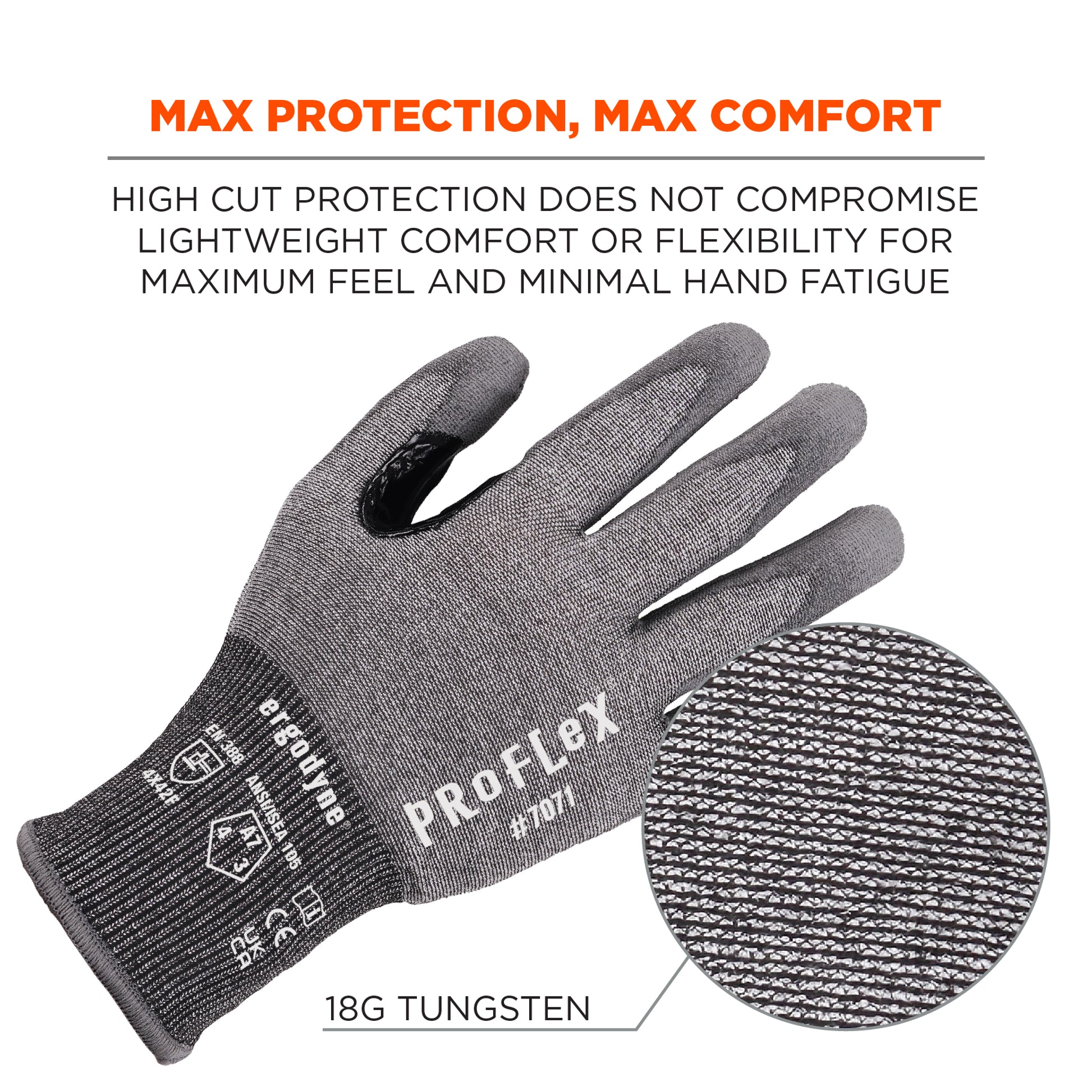 Ergodyne ProFlex 7071 PU Coated Cut-Resistant Gloves - ANSI/ISEA 105-2016 A7, EN388: 4X42F, 18g - Gray - 12-pair