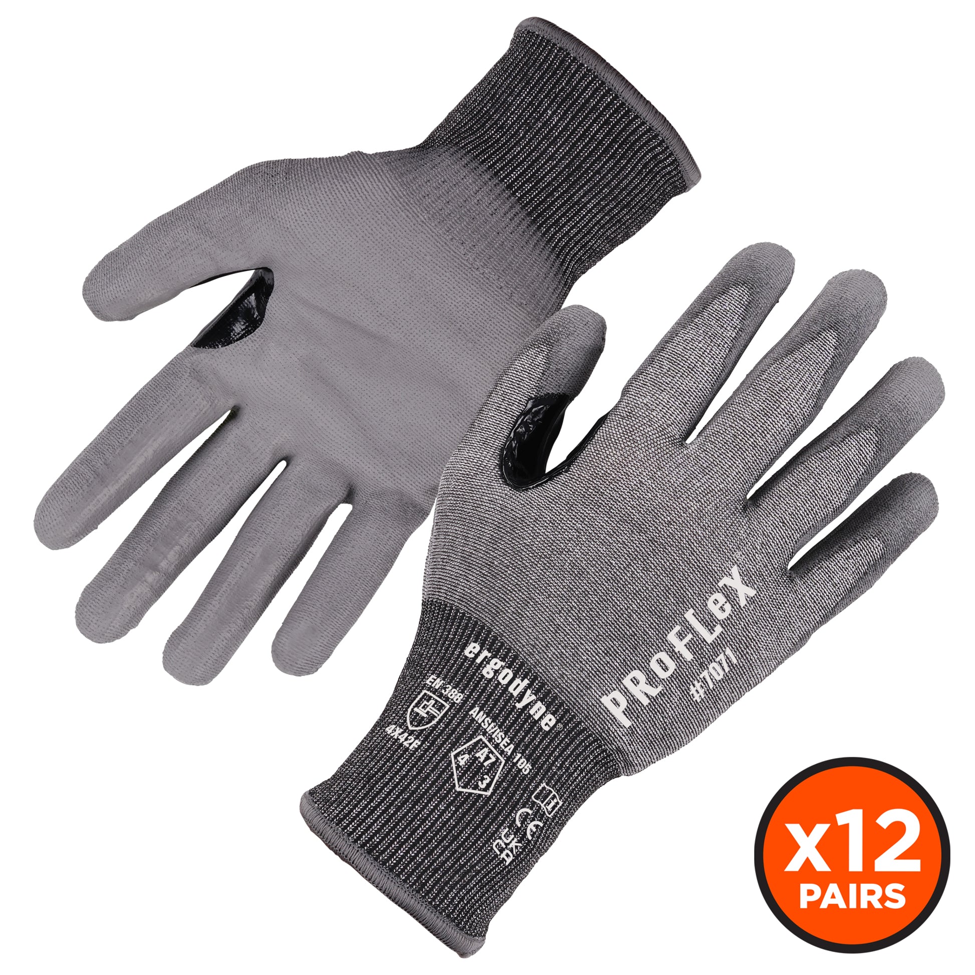 Ergodyne ProFlex 7071 PU Coated Cut-Resistant Gloves - ANSI/ISEA 105-2016 A7, EN388: 4X42F, 18g - Gray - 12-pair