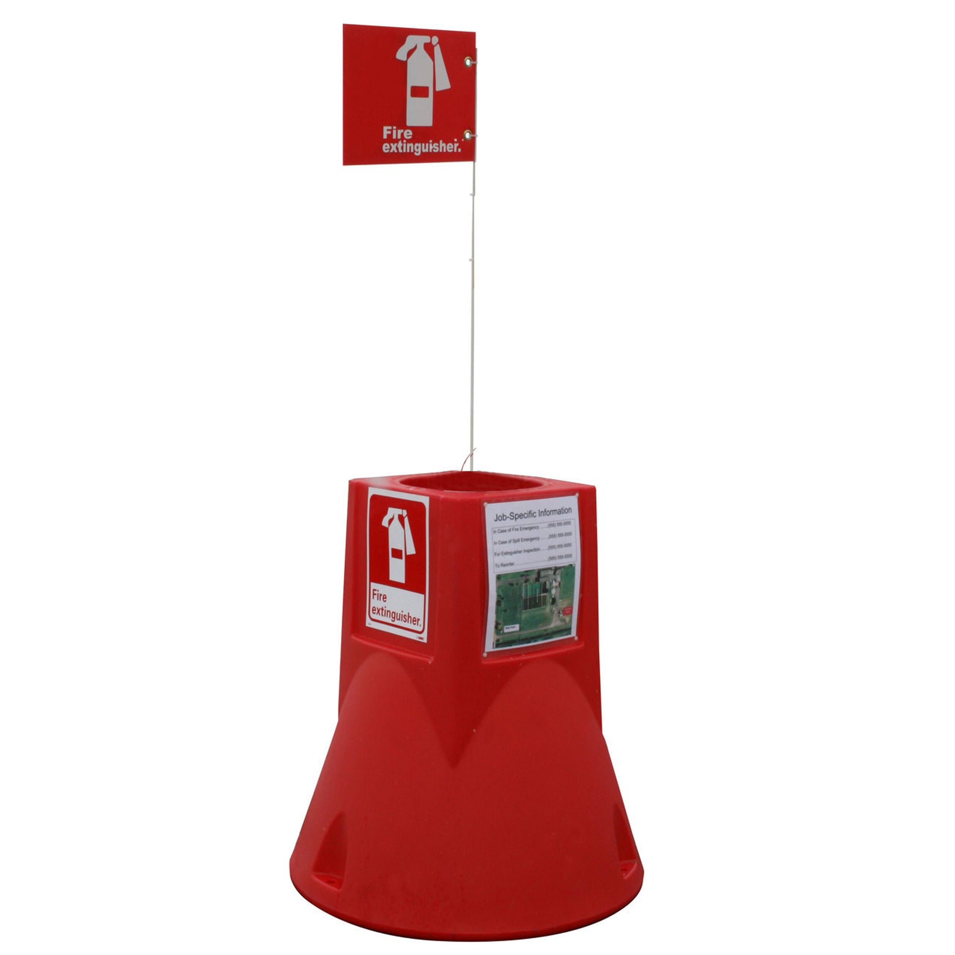 Jobsite Caddy W/ 6' White Pole & 10" X 7" Alum. Exting. Sign - 29" X 26" Diameter - 13 Lbs - 11" Deep Well For 5/10/20 Lb Fire Extinguisher - Red - JSC02