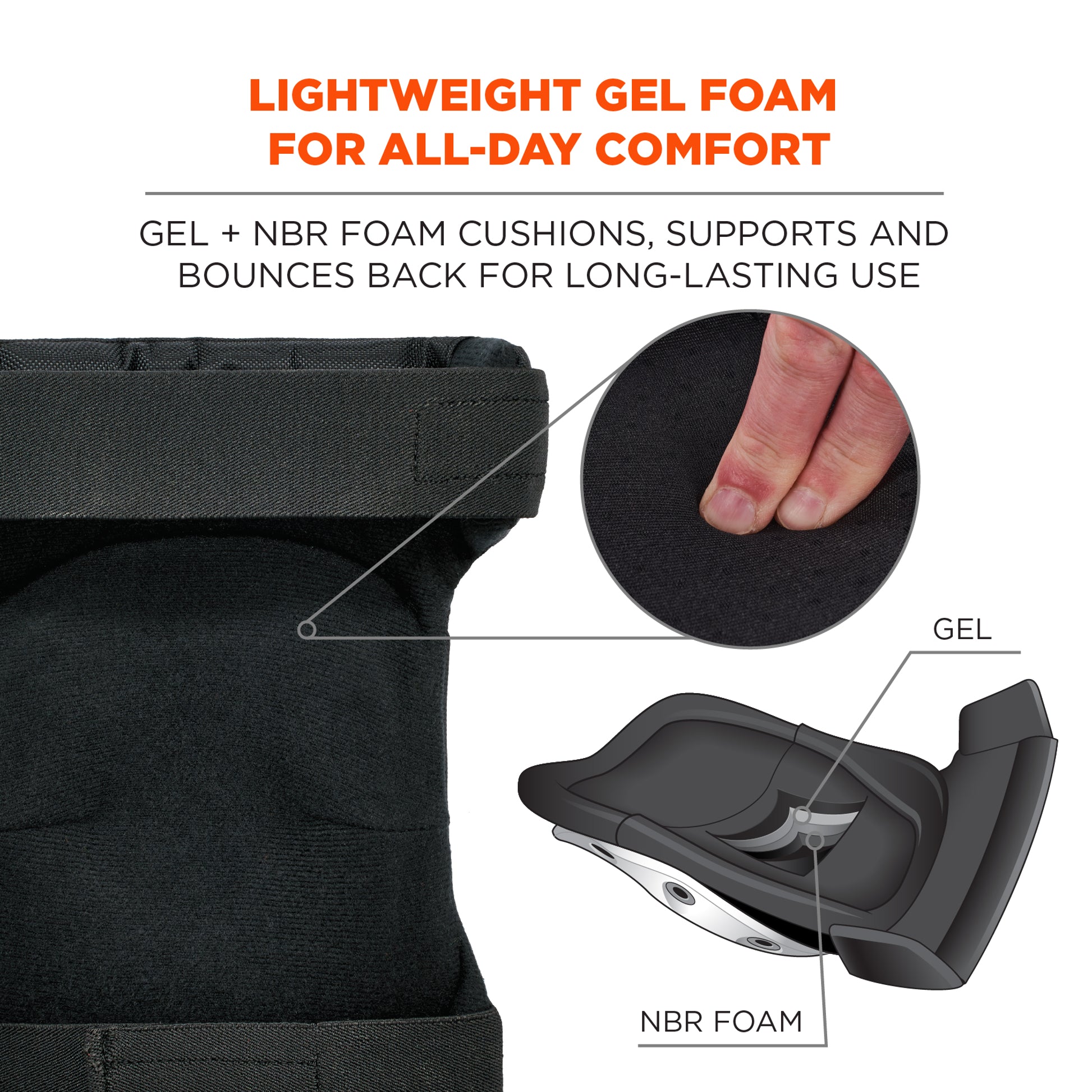 Ergodyne ProFlex 435HL Comfort Hinge Gel Knee Pads with Hook & Loop Straps - Long Hard Cap