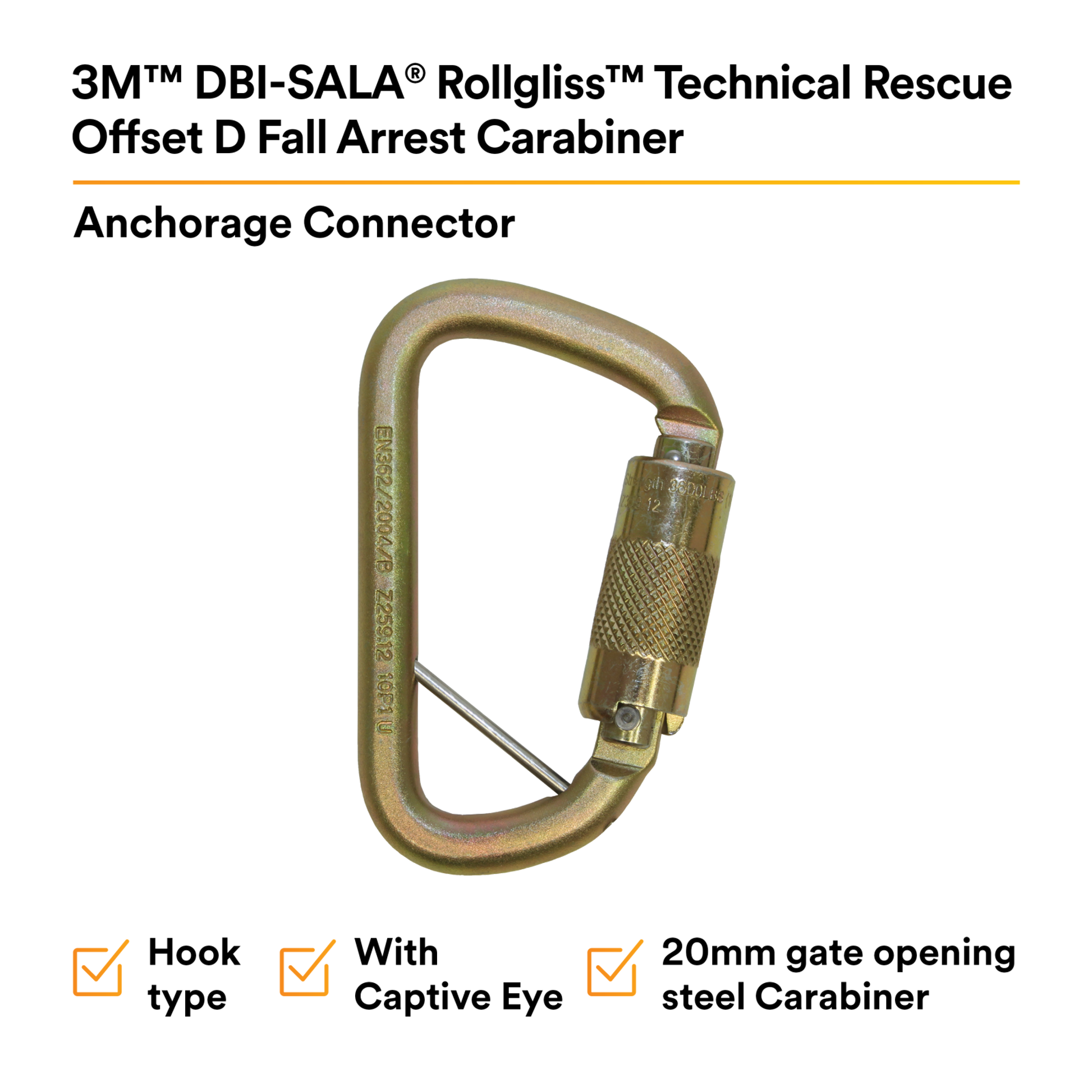 3M DBI-SALA Rollgliss Technical Rescue Offset D Fall Arrest Carabiner with Captive Eye - Gold - Medium - 2000117