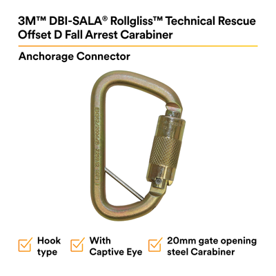 3M DBI-SALA Rollgliss Technical Rescue Offset D Fall Arrest Carabiner with Captive Eye - Gold - Medium - 2000117