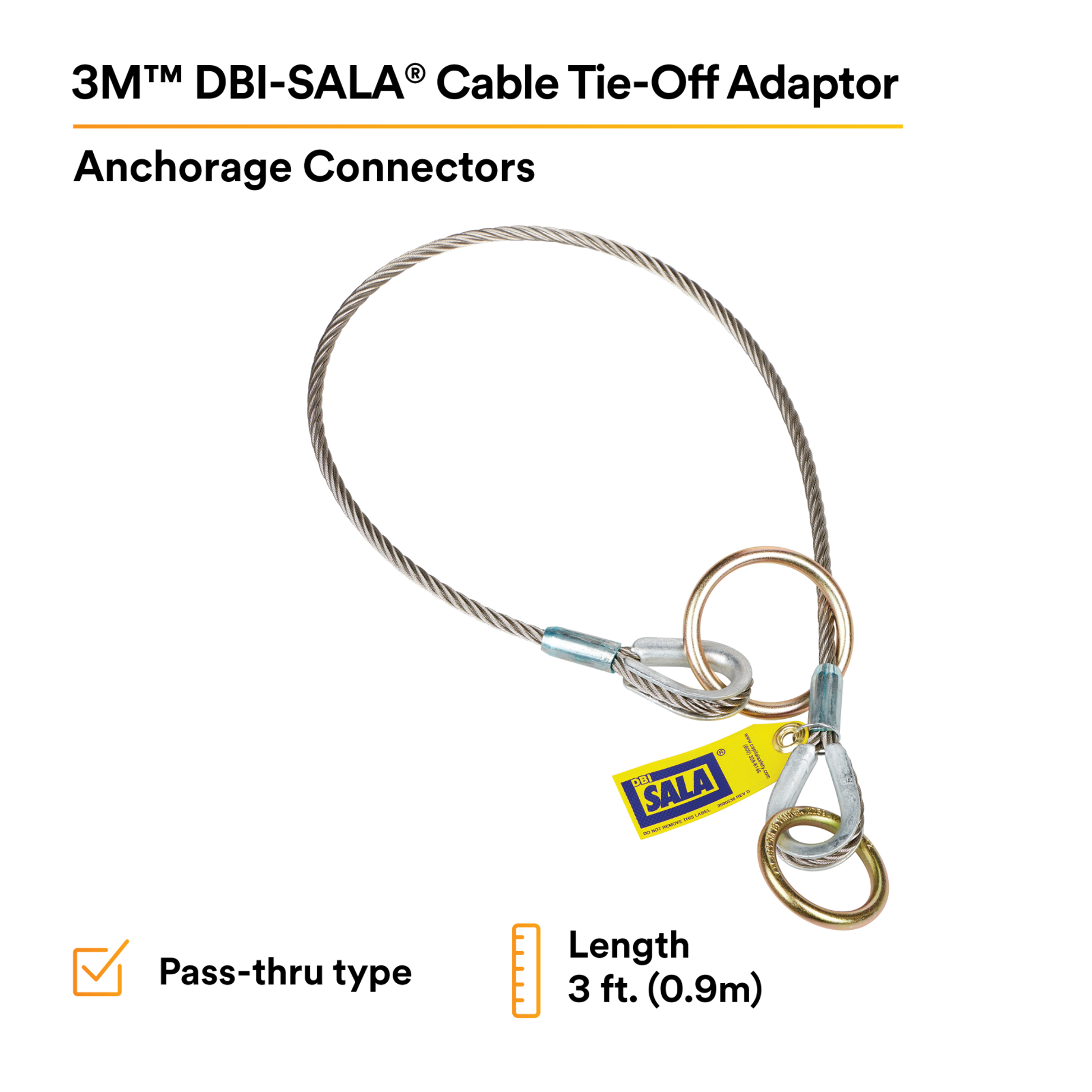 3M DBI-SALA Pass-Thru Cable Tie-Off Adapter Anchor - Stainless Steel - 3 ft - 5900560
