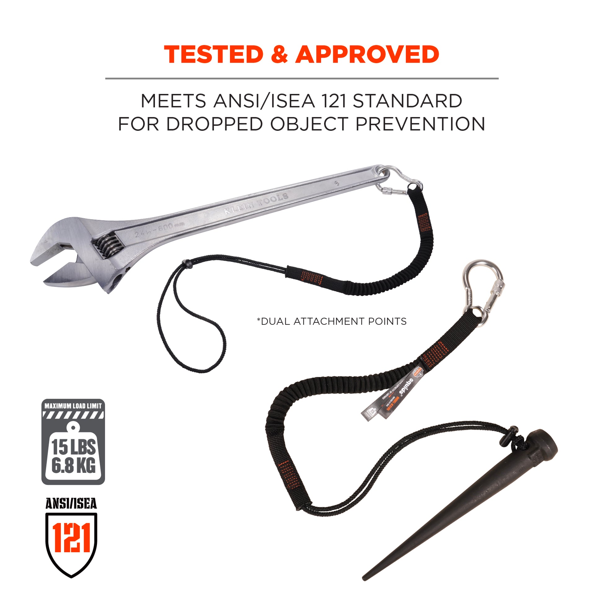 Ergodyne Squids 3105 Tool Lanyard - Carabiner and Cinch Loop - 15lbs - Black - Standard - 10-pack