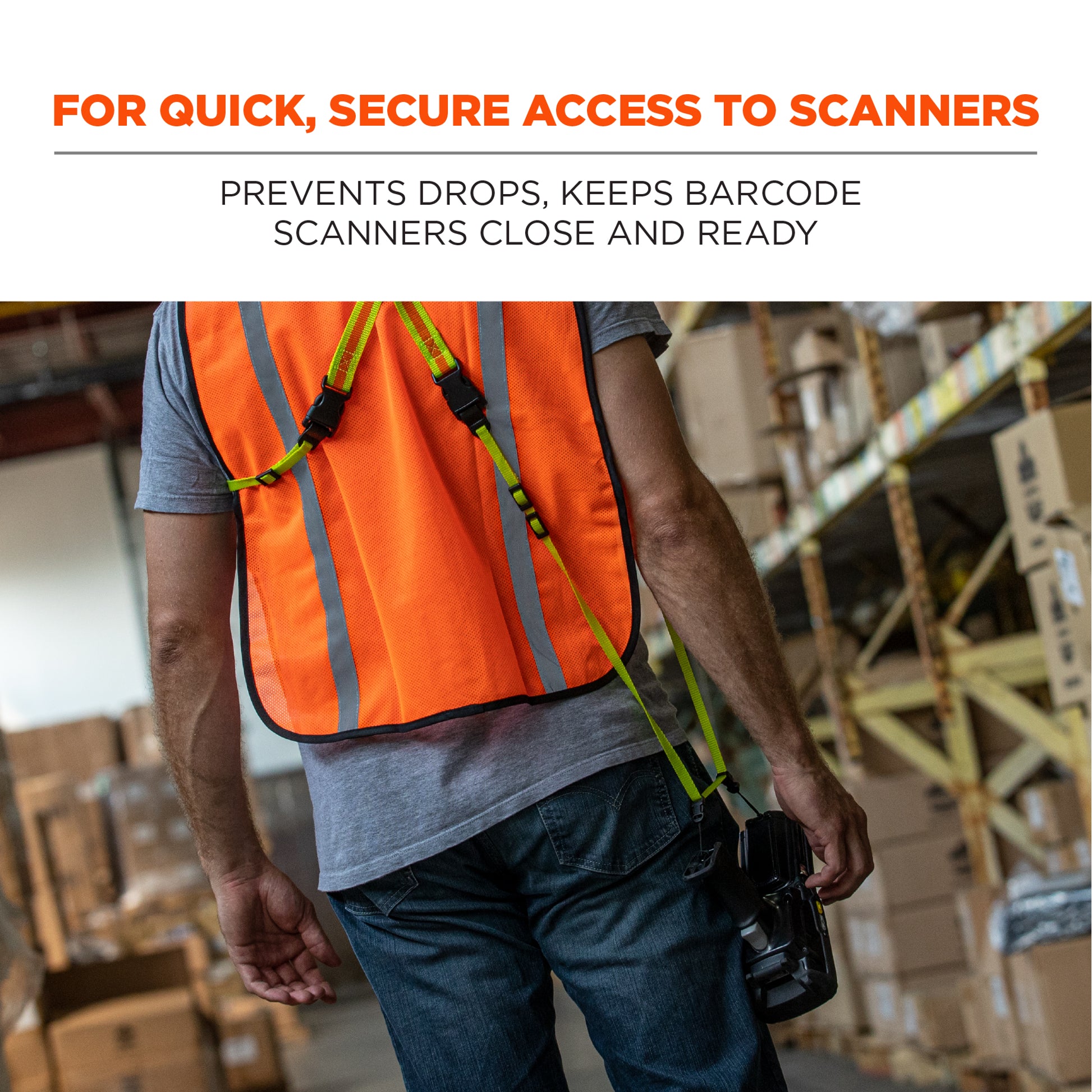 Ergodyne Squids 3132 Barcode Scanner Harness + Lanyard for Mobile Computers - Hi-Vis Lime - XL