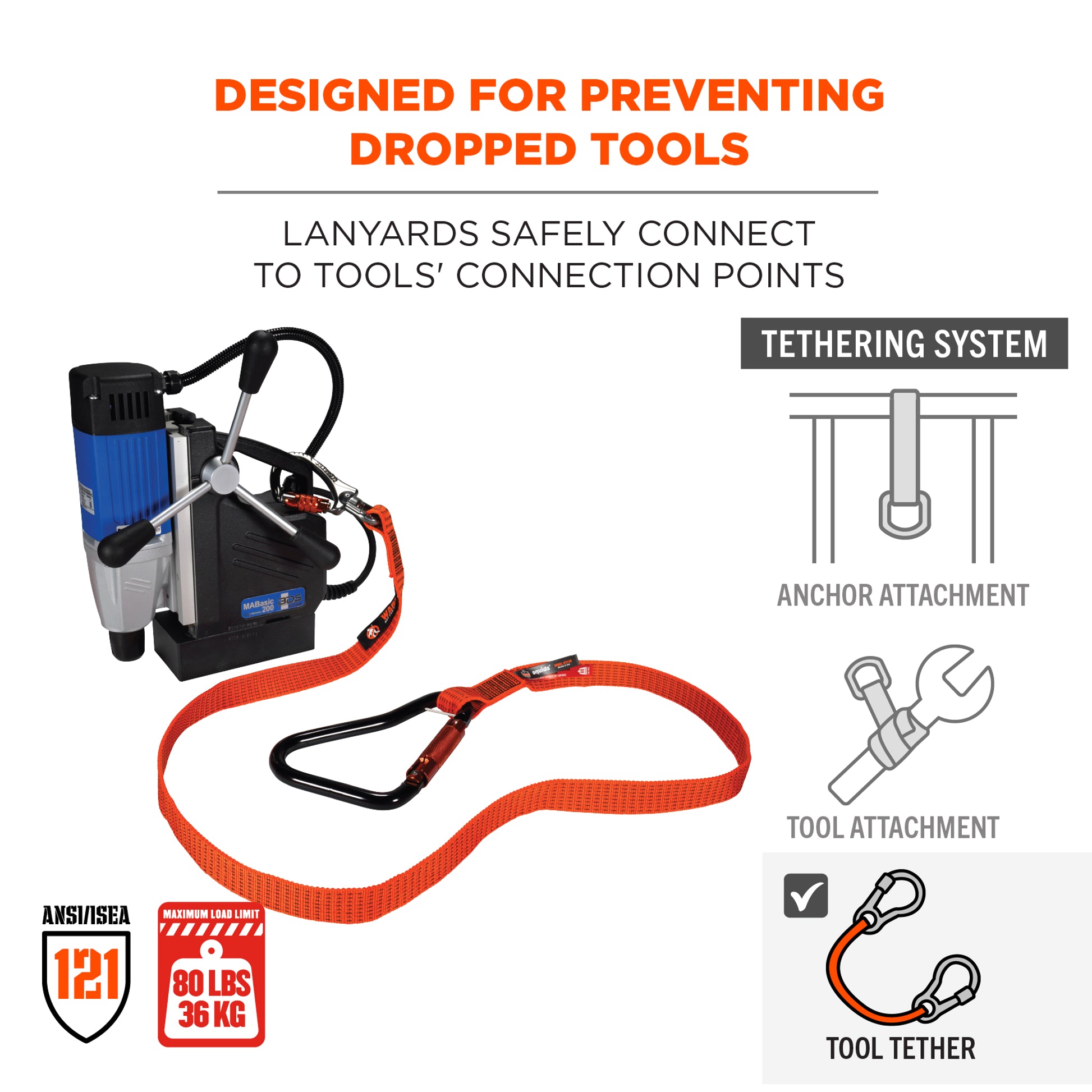 Ergodyne Squids 3149 Tool Lanyard - XL Locking Carabiner and Swivel Carabiner - 80lbs