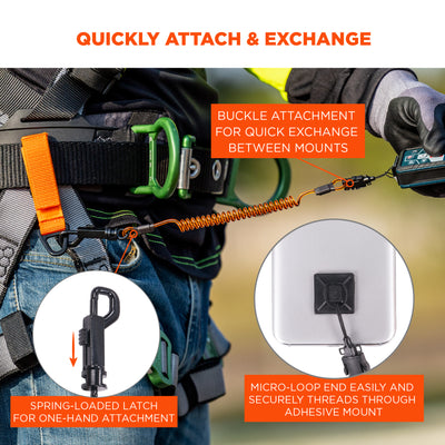 Ergodyne Squids 3151 Coil Lanyard Swivel Hook & Detachable Loop plus Mini Adhesive Mount - 2lb / 0.9kg