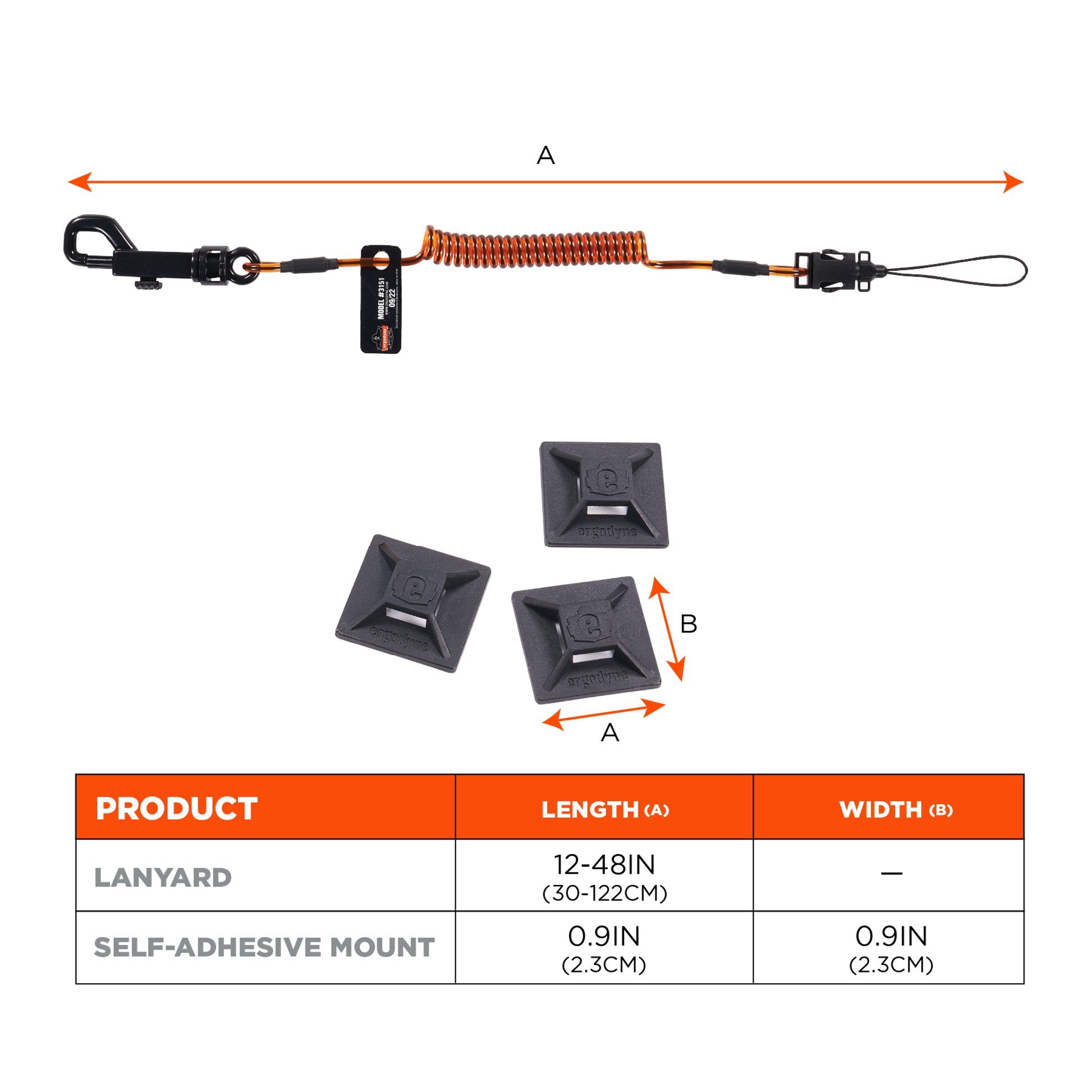 Ergodyne Squids 3151 Coil Lanyard Swivel Hook & Detachable Loop plus Mini Adhesive Mount - 2lb / 0.9kg