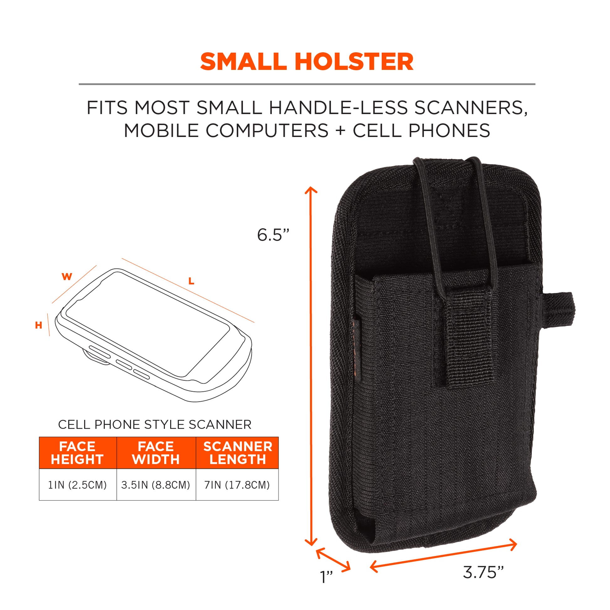 Ergodyne Squids 5544 Barcode Scanner Holster for Phone Size Mobile Computers - Belt Clip + Loops - Black - S
