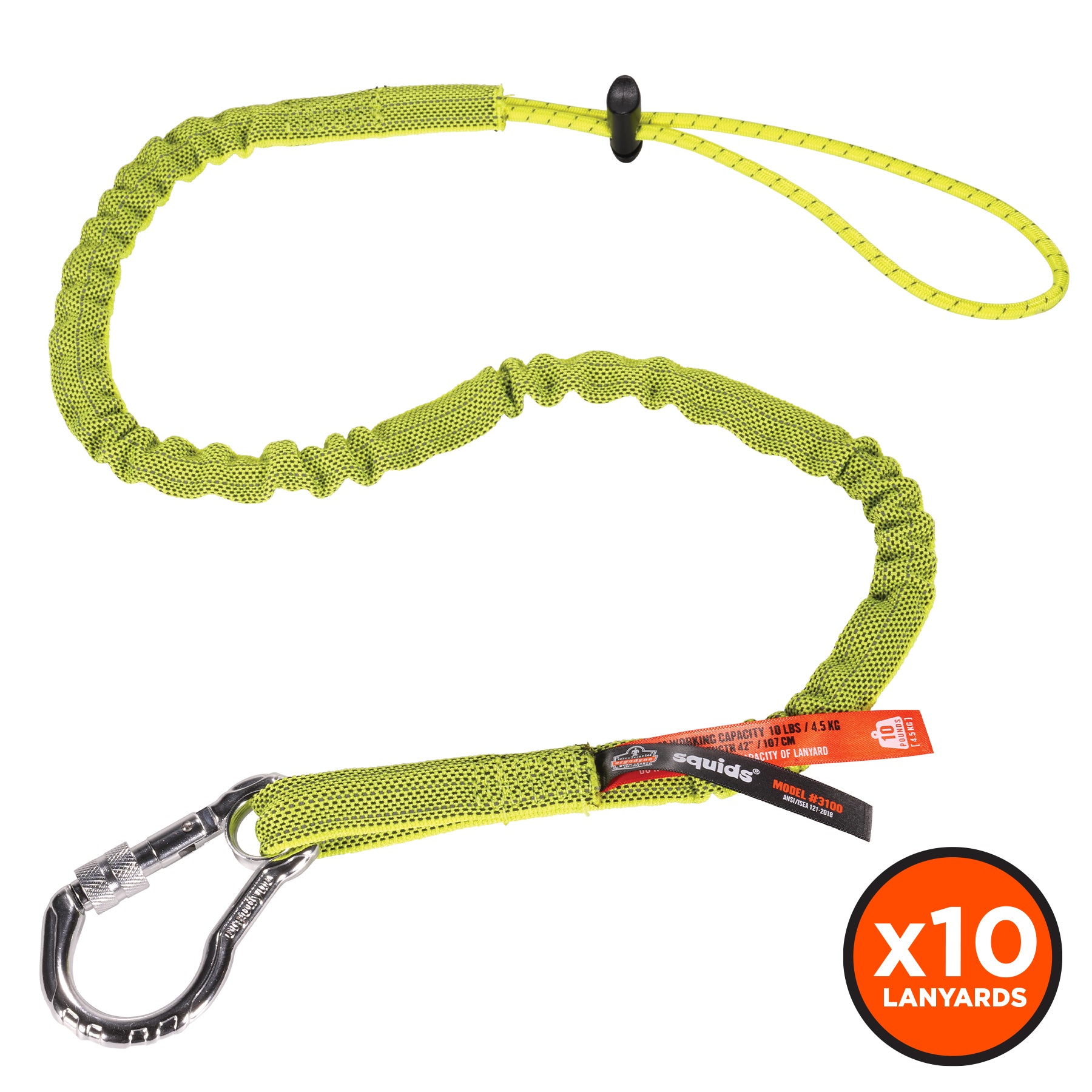 Ergodyne Squids 3100 Tool Lanyard - Carabiner and Cinch Loop - 10lbs - Lime - 10-pack