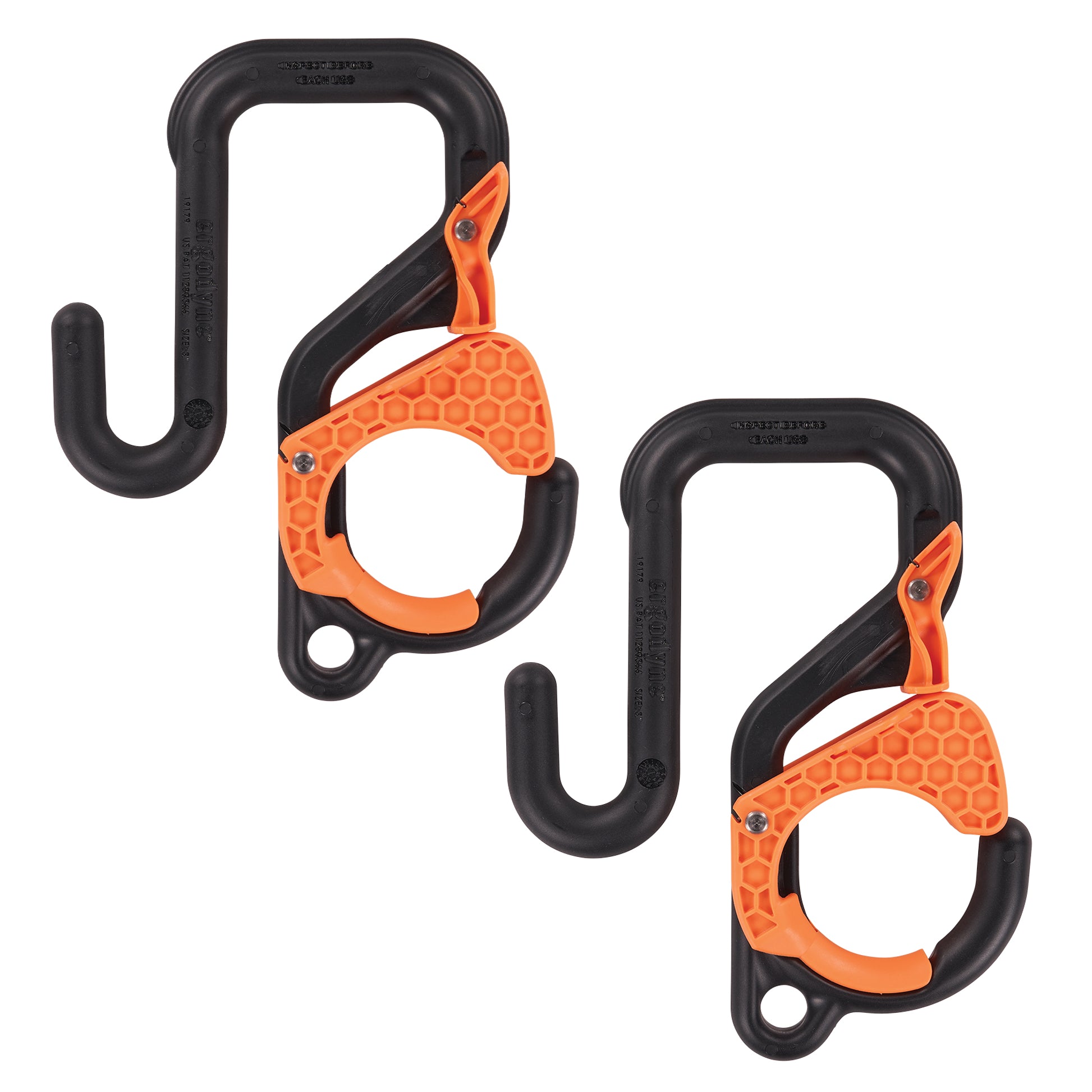 Ergodyne Squids 3178 Locking Aerial Bucket Hook with Tethering Point - Black and Orange - 3in (7.6cm) - 2-pack
