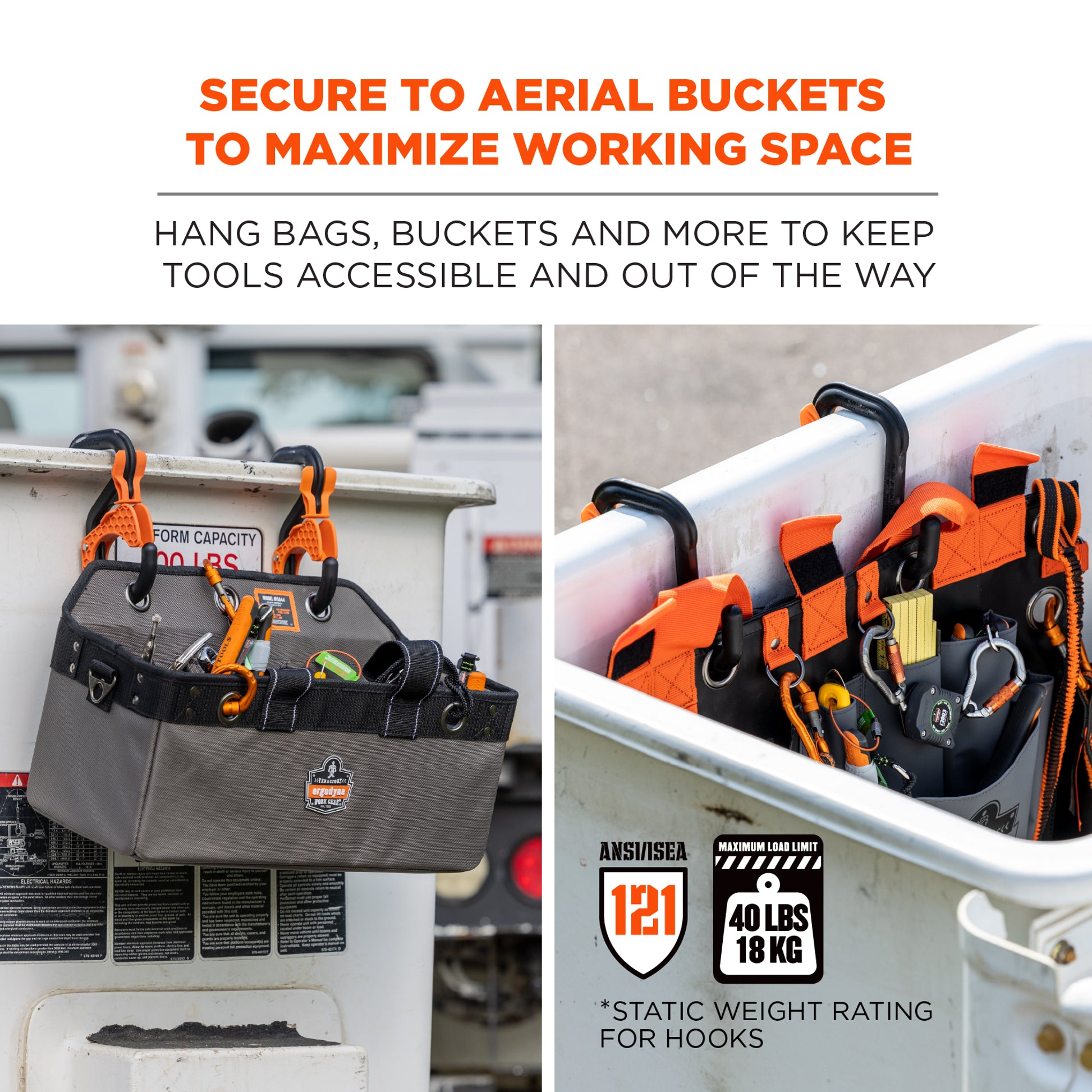 Ergodyne Squids 3178 Locking Aerial Bucket Hook with Tethering Point - Black and Orange - 3in (7.6cm) - 2-pack