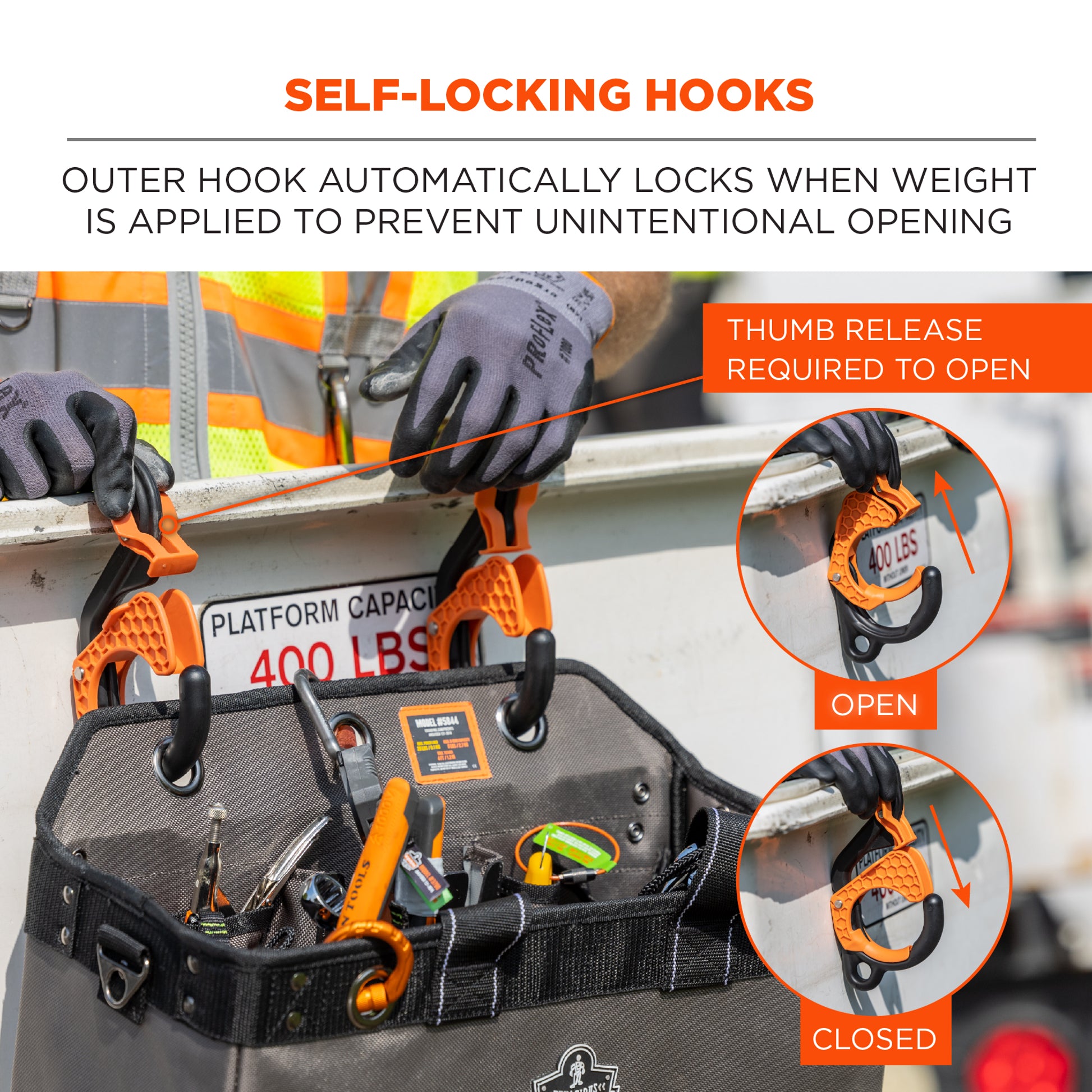Ergodyne Squids 3178 Locking Aerial Bucket Hook with Tethering Point - Black and Orange - 3in (7.6cm) - 2-pack