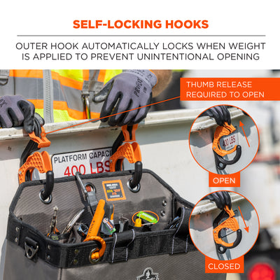 Ergodyne Squids 3178 Locking Aerial Bucket Hook with Tethering Point - Black and Orange - 3in (7.6cm) - 2-pack