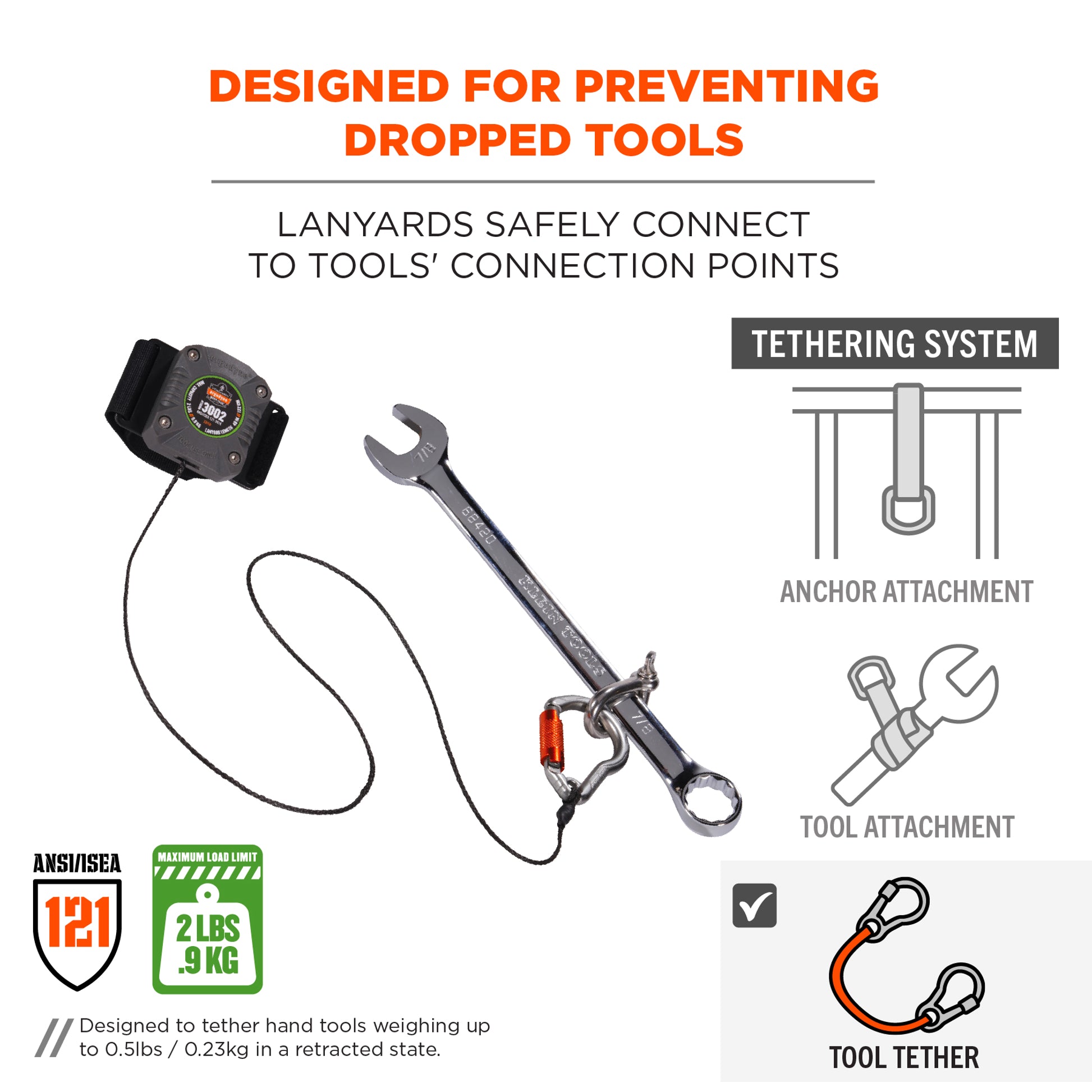 Ergodyne Squids 3002 Retractable Tool Lanyard - Locking Carabiner and Belt Loop - 2lbs