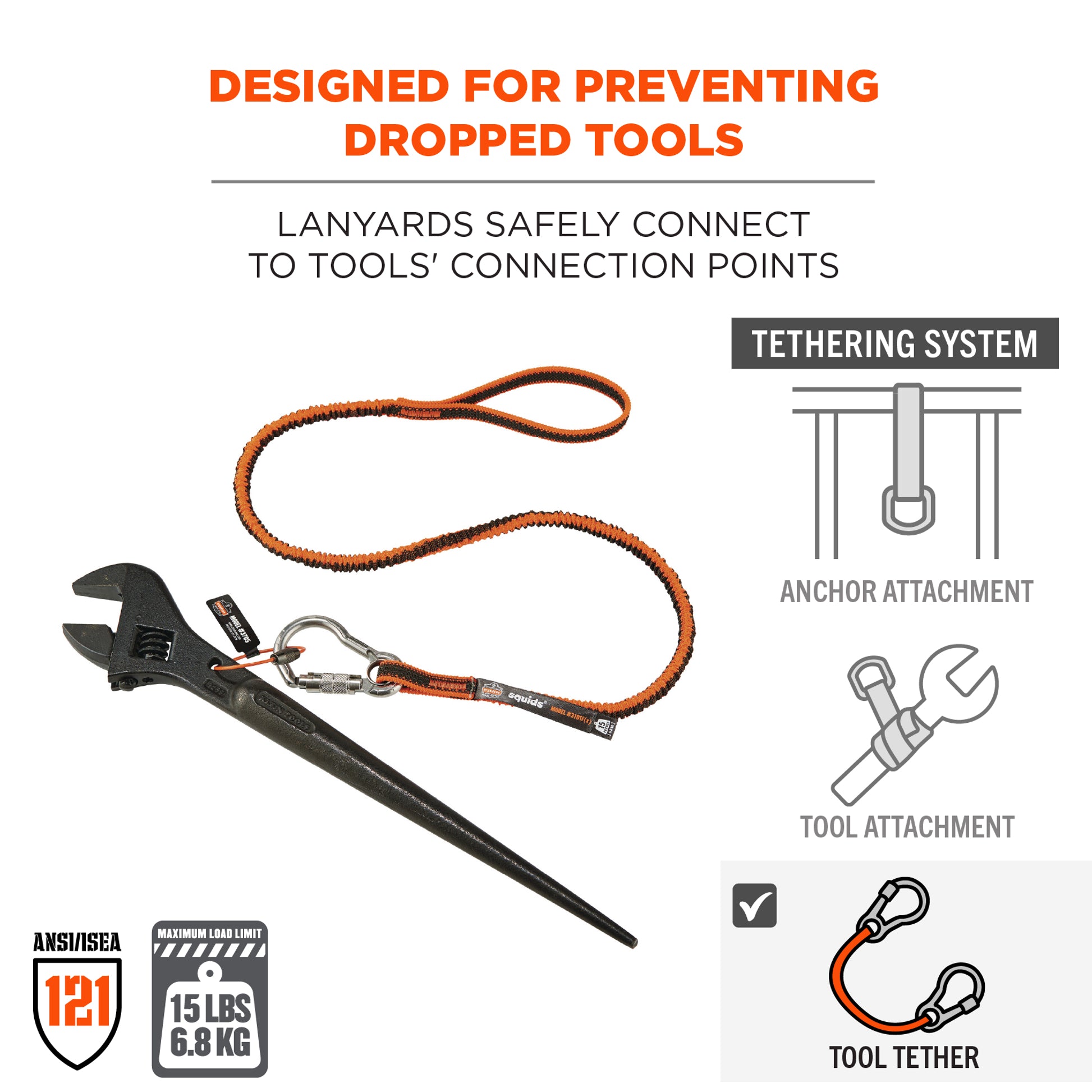 Ergodyne Squids 3101F(x) Tool Lanyard - Stainless-Steel Carabiner and Loop - 15lbs