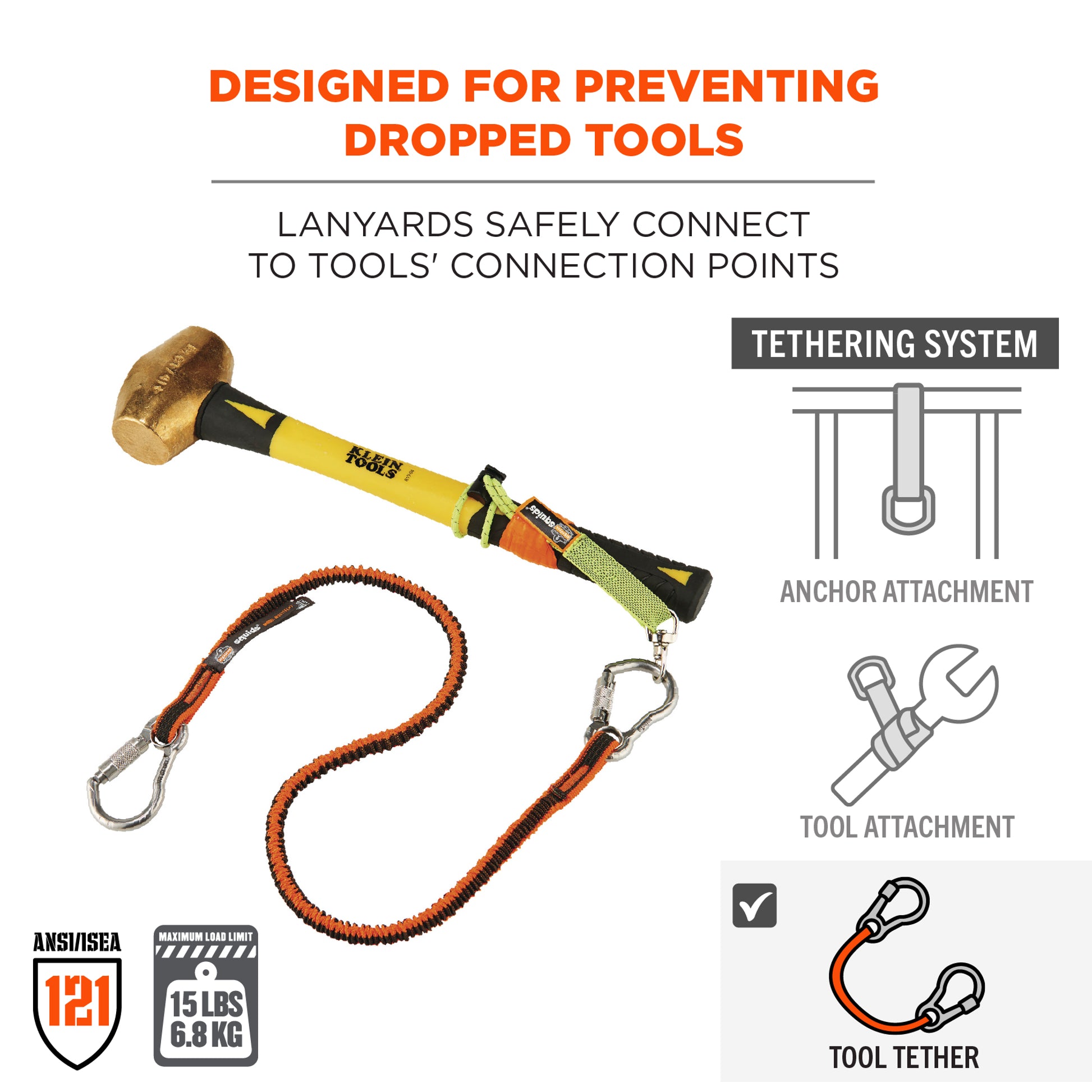 Ergodyne Squids 3111F(x) Tool Lanyard - Dual Stainless-Steel Carabiners - 15lbs