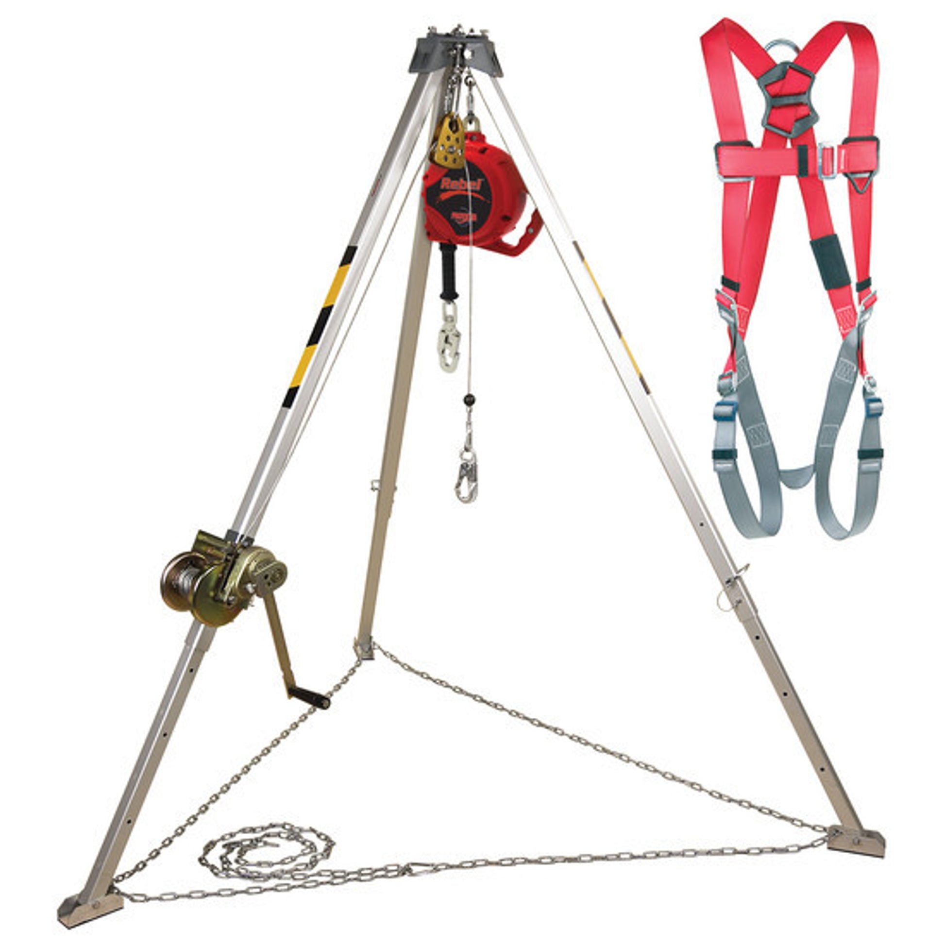 Model: AA805AG
8 ft. (2.4 m) AK105A aluminum tripod with AK205AG 50 ft. (15 m) galvanized winch, AK020A1 pulley, 3590550 Rebel™ 50 ft. (15 m) galvanized self retracting lifeline and 1191201 PRO™ harness.